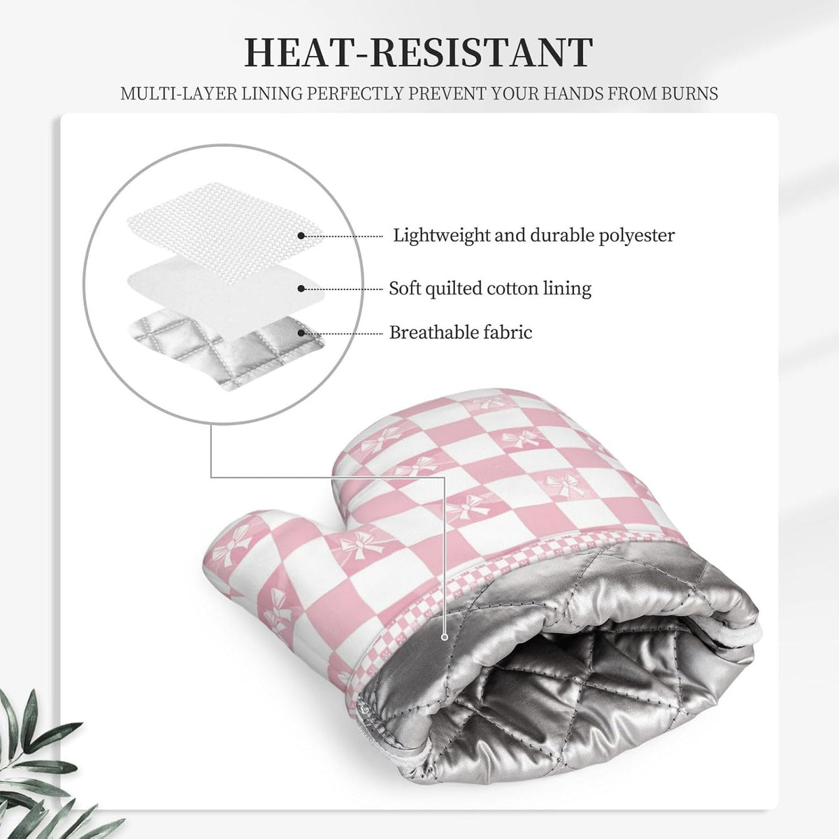Oven Mitts and Pot Holders Pink Check Bow Pattern Silicone Kitchen Accessories Set of 2 Heat Resistant Long Gloves Potholder Non-Slip Grip for Chef Cooking Baking Grilling BBQ