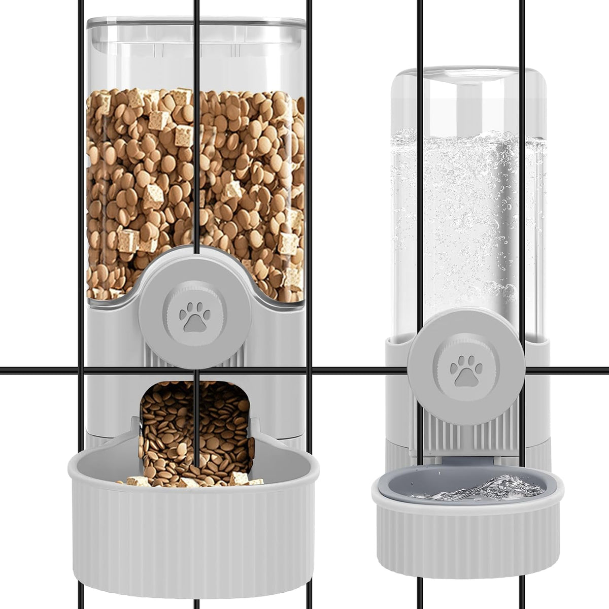 Yummy Sam Hanging Cage Automatic Small Pet Food Bowl Water Bottle Dispenser, Detachable Auto Gravity 1.2L Self-Feeding Feeder and 0.52L Waterer Set Kennel Feeding Station for Puppy Cats Rabbit(Grey)
