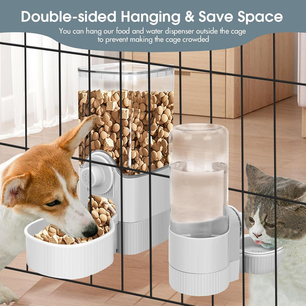 Yummy Sam Hanging Cage Automatic Small Pet Food Bowl Water Bottle Dispenser, Detachable Auto Gravity 1.2L Self-Feeding Feeder and 0.52L Waterer Set Kennel Feeding Station for Puppy Cats Rabbit(Grey)