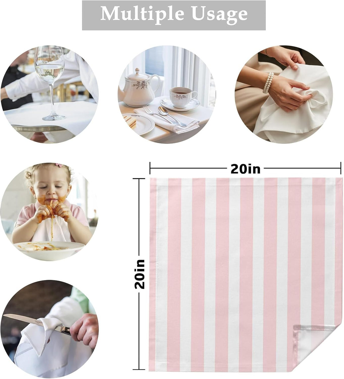 Cloth Napkins 20 x 20 Inch Pink Stripes Soft Absorbent Dinner Napkins Pink White Vertical Striped Washable Reusable Kitchen Napkin Sets for Parties Wedding Restaurant Hotel