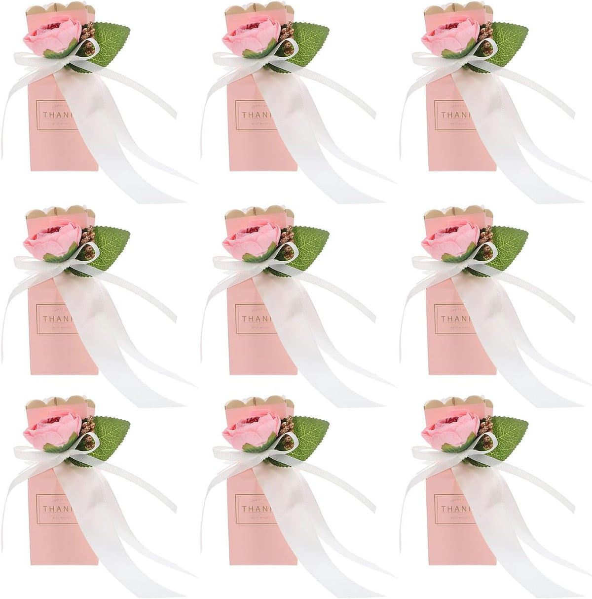 BESTonZON 12pcs Pink Floral Candy Boxes with Ribbon Shower and Wedding Party Favor Packaging Decorative Treat Boxes for Birthday and Anniversary Celebrations
