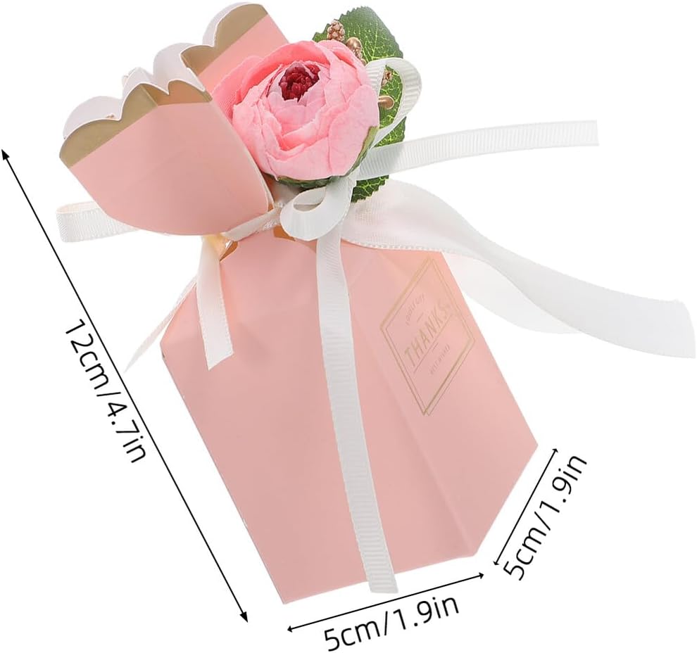 BESTonZON 12pcs Pink Floral Candy Boxes with Ribbon Shower and Wedding Party Favor Packaging Decorative Treat Boxes for Birthday and Anniversary Celebrations