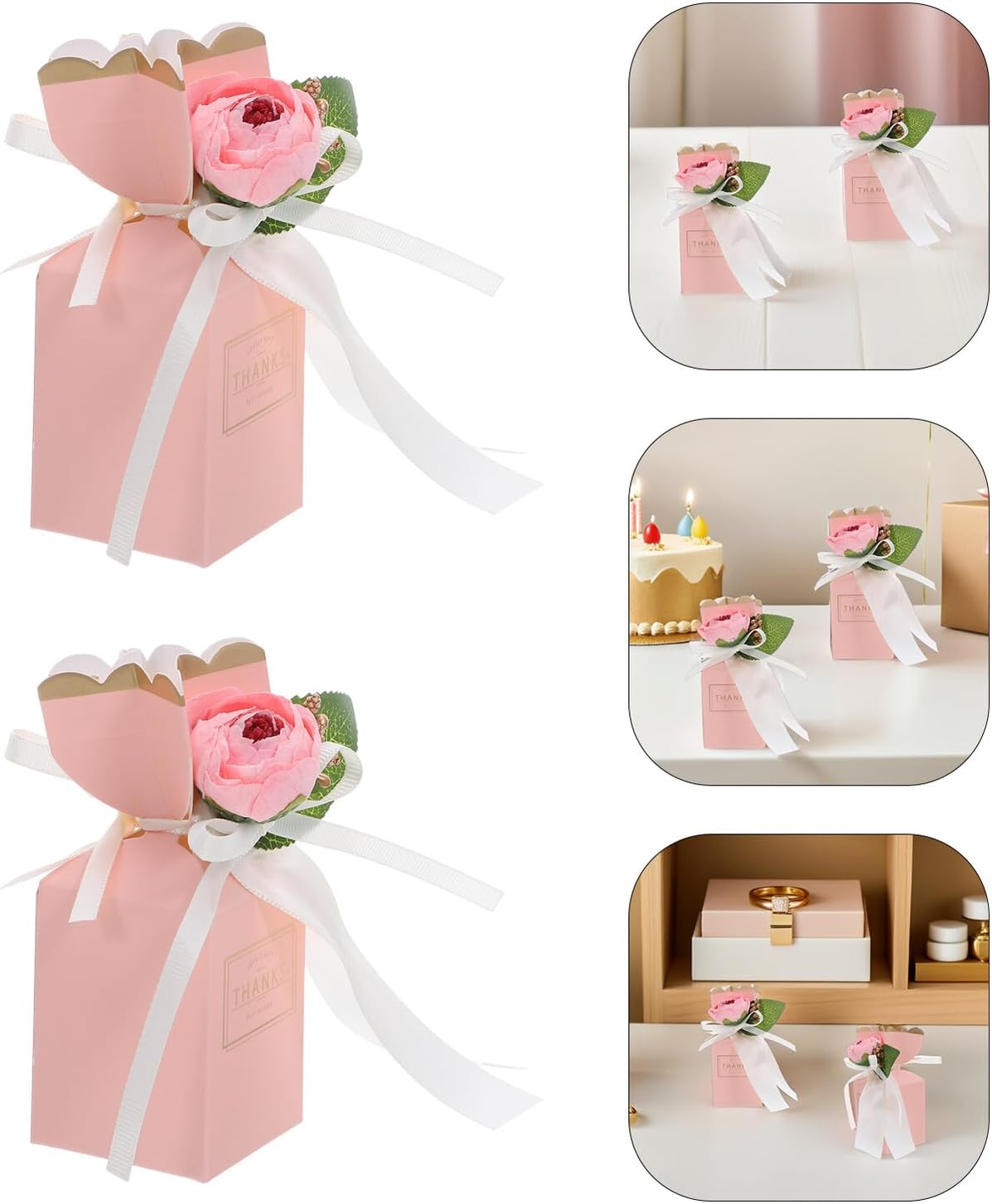 BESTonZON 12pcs Pink Floral Candy Boxes with Ribbon Shower and Wedding Party Favor Packaging Decorative Treat Boxes for Birthday and Anniversary Celebrations