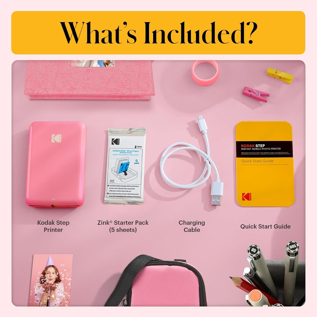 KODAK Step Instant Smartphone Photo Printer, Portable Mini Color Wireless Mobile Printer, Zink 2x3” (5.1x7.5 cm) Sticky-Back Photos Pink (Renewed)