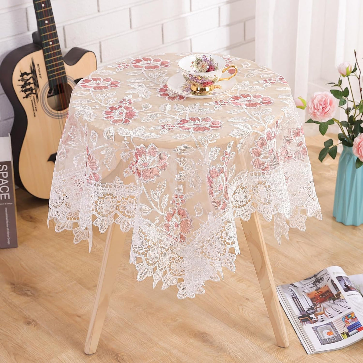 Retro Round Lace Tablecloth,36 Inch,White with Pink Flora