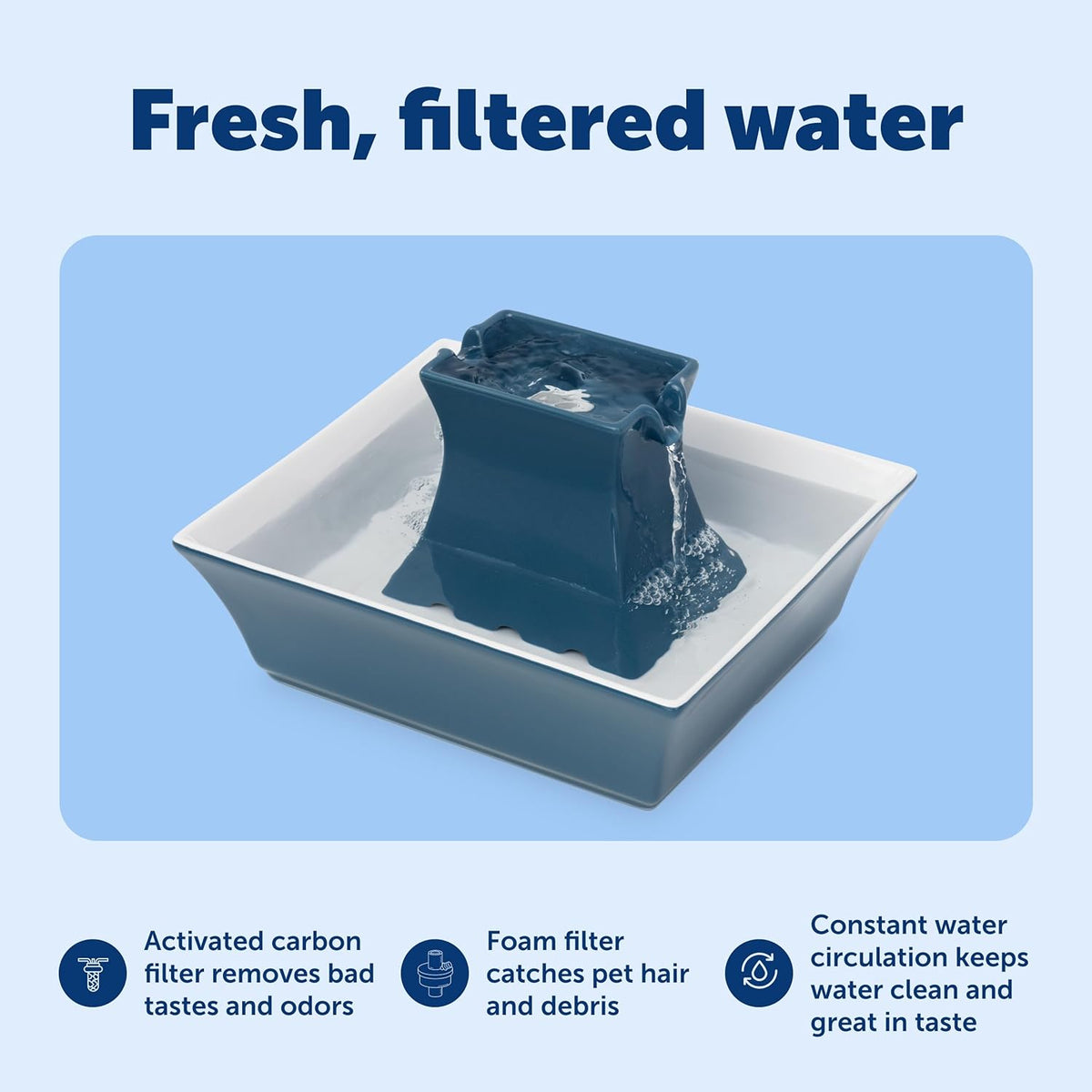 PetSafe Drinkwell Pagoda Pet Fountain,70 oz/ 2L Capacity,Elevated Indoor Ceramic Cat Fountain, 2 Levels of Free-Falling Streams, Included Carbon & Foam Filter Provide Fresh Water with Every Sip, Blue