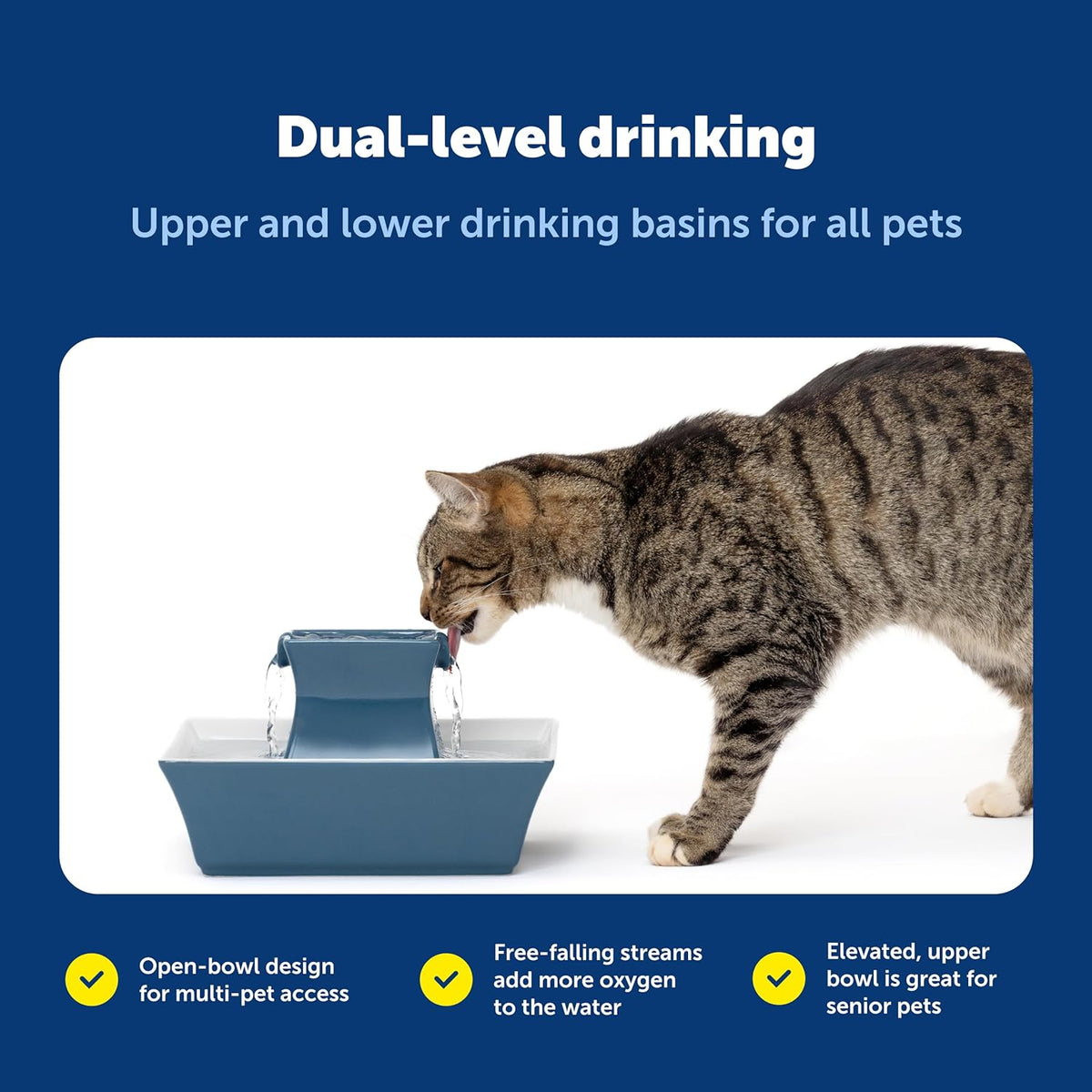 PetSafe Drinkwell Pagoda Pet Fountain,70 oz/ 2L Capacity,Elevated Indoor Ceramic Cat Fountain, 2 Levels of Free-Falling Streams, Included Carbon & Foam Filter Provide Fresh Water with Every Sip, Blue