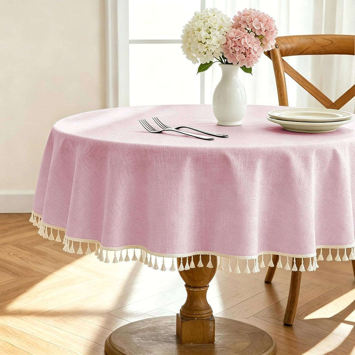 Pink Tablecloth Round Table 55" x 55" Linen Look Texture Cotton Tablecloth Waterproof Wrinkle Free Heavy Duty Tables Cover with Tassel for Kitchen Dining Holiday Party
