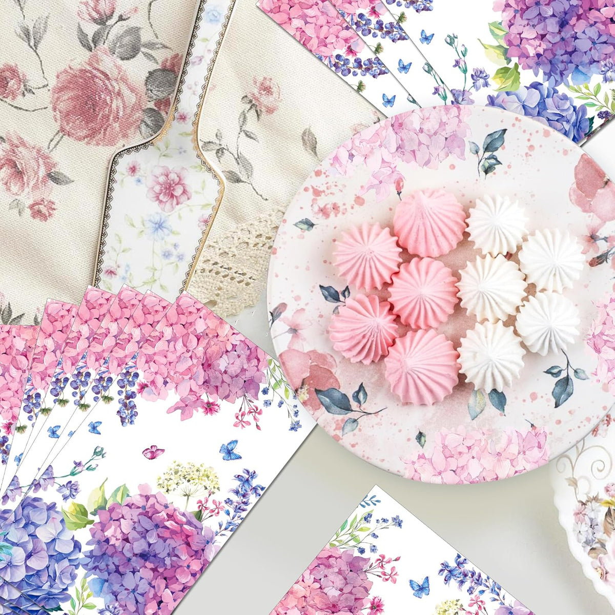 100Pcs Hydrangea Napkins Pink Purple Butterfly Flowers Disposable Napkins Floral Napkins Hand Towels for Kitchen Cocktail Guest Towels Wedding Birthday Baby Shower Party Supplies