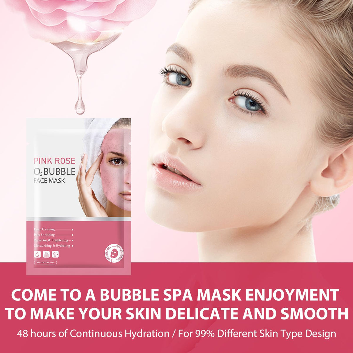 Pack of 10 Pink Rose O2 Bubble Face Masks Skincare, Spa Presents for Women, Bubble Face Sheet Mask Cleaner Foaming Purifying Facial Mask for Acne and Pores Moisturizing Beauty Sheet Masks