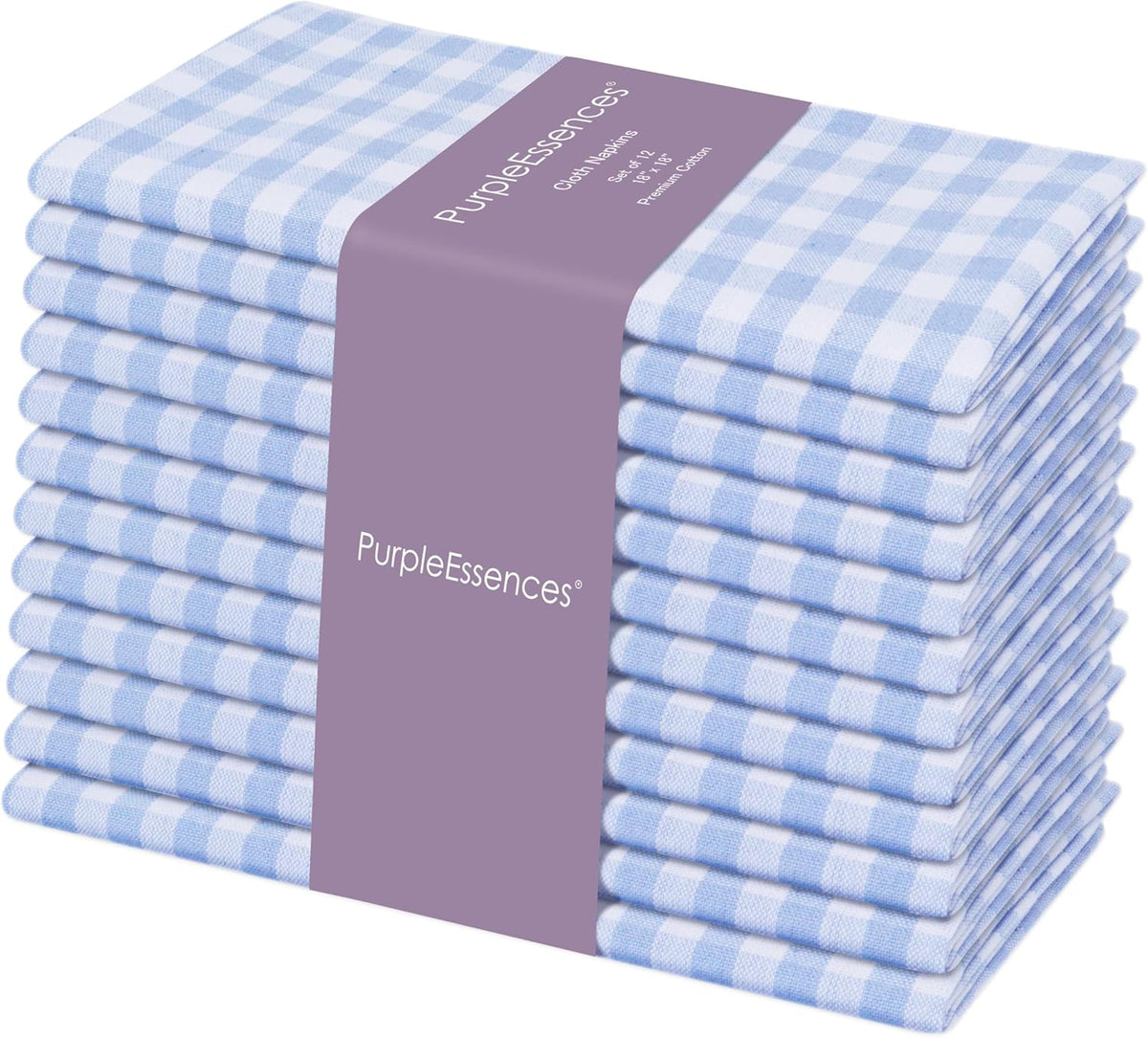 PurpleEssences Mini Gingham Check Dinner Cloth Napkin - Spring Easter Summer - Mitered Corners - 18x18 Inch - Set of 12-100% Cotton - Reusable Washable - Sky Blue and White