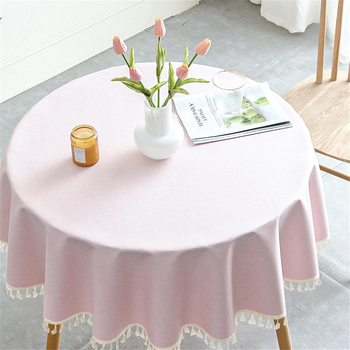 Round Waterproof 48 Inch Tablecloth with Handmade Tassel Solid Washable Table Cloth for Kitchen Dining Home Decoration (Pink, 70inch, Tassel)