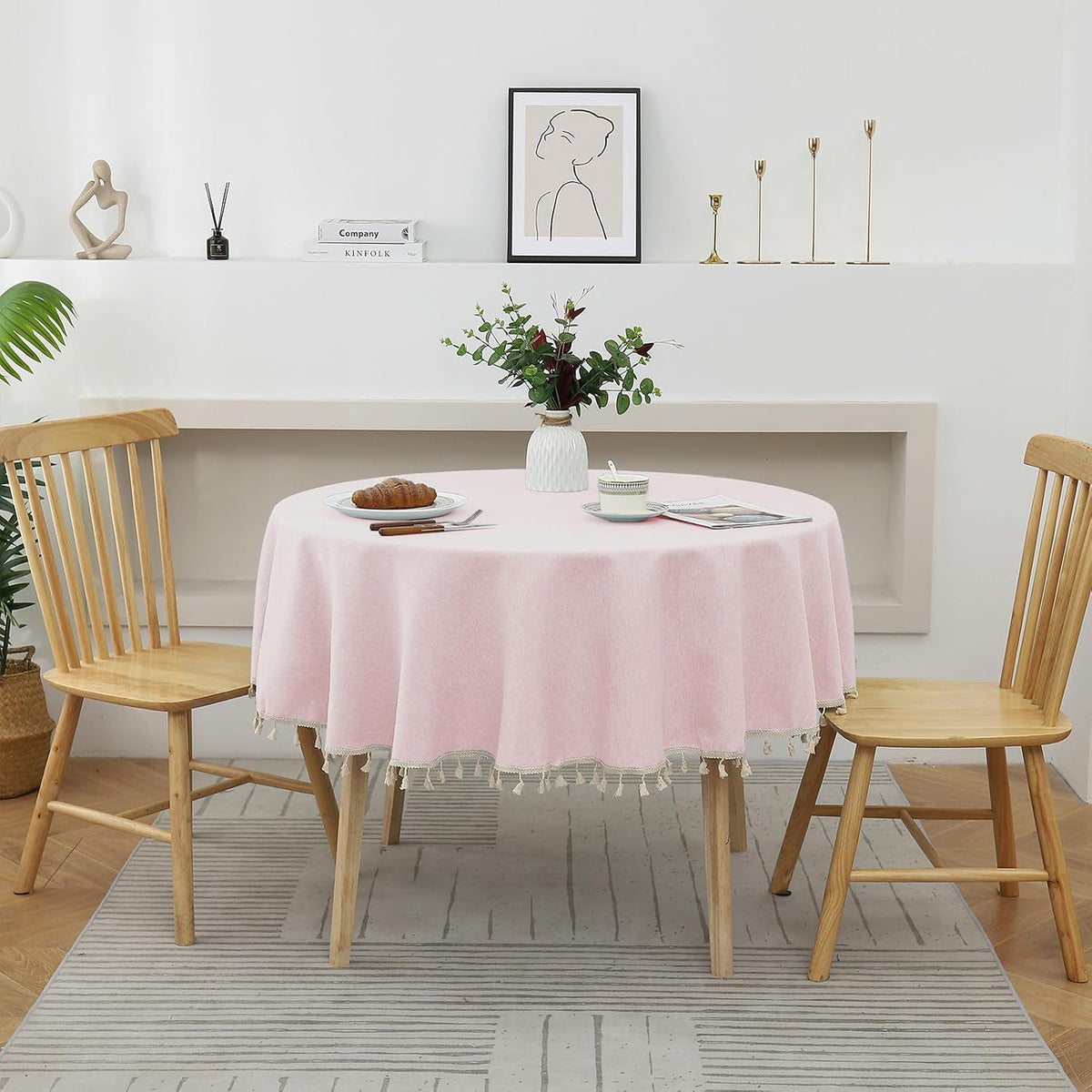 Round Waterproof 48 Inch Tablecloth with Handmade Tassel Solid Washable Table Cloth for Kitchen Dining Home Decoration (Pink, 70inch, Tassel)