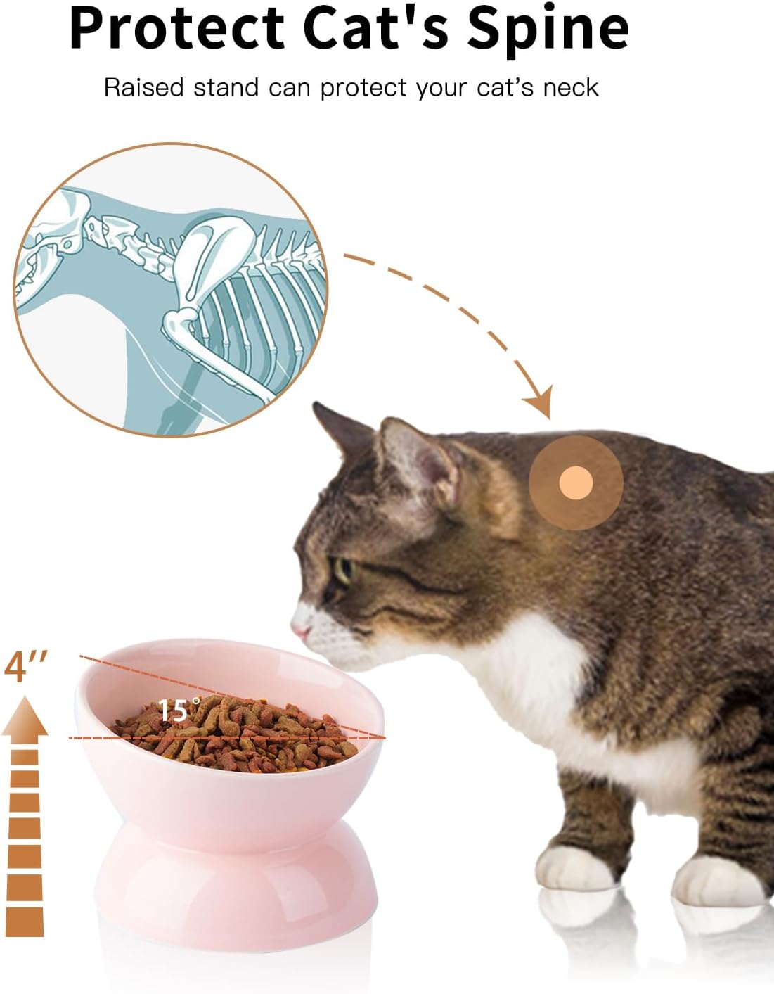 Cat Water Bowl, 16 OZ Ceramic Elevated Cat Bowls, 15° Tilted and Raised Pet Food Dish, Anti Vomiting Protect Pets' Spines and Whisker Fatigue
