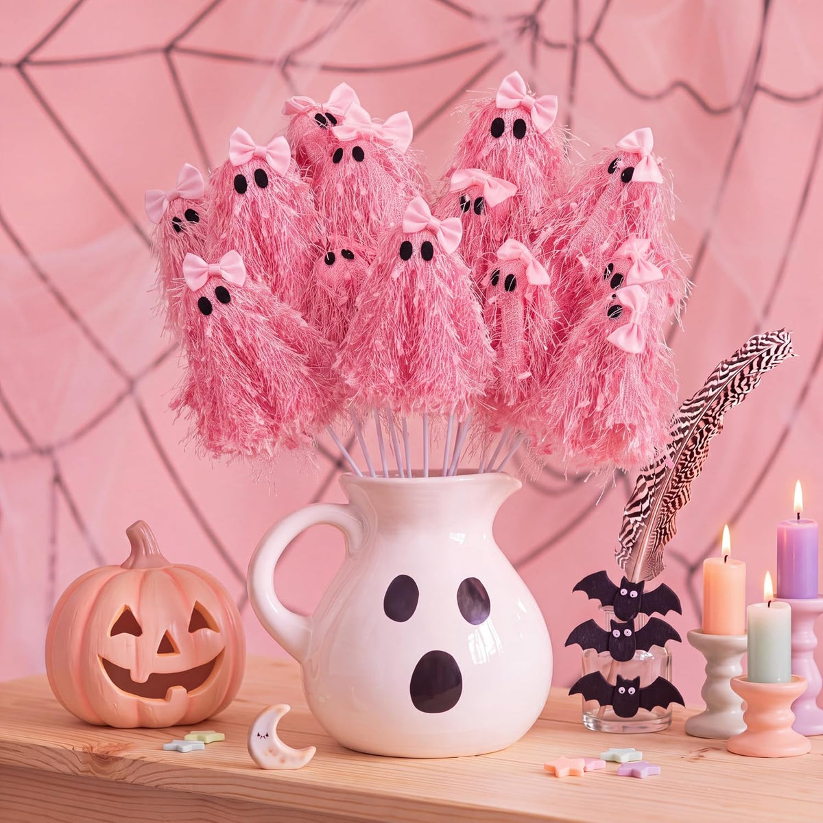 12 Pcs Halloween Pink Ghost Stems 12 Inch Cute Glitter Ghost Picks