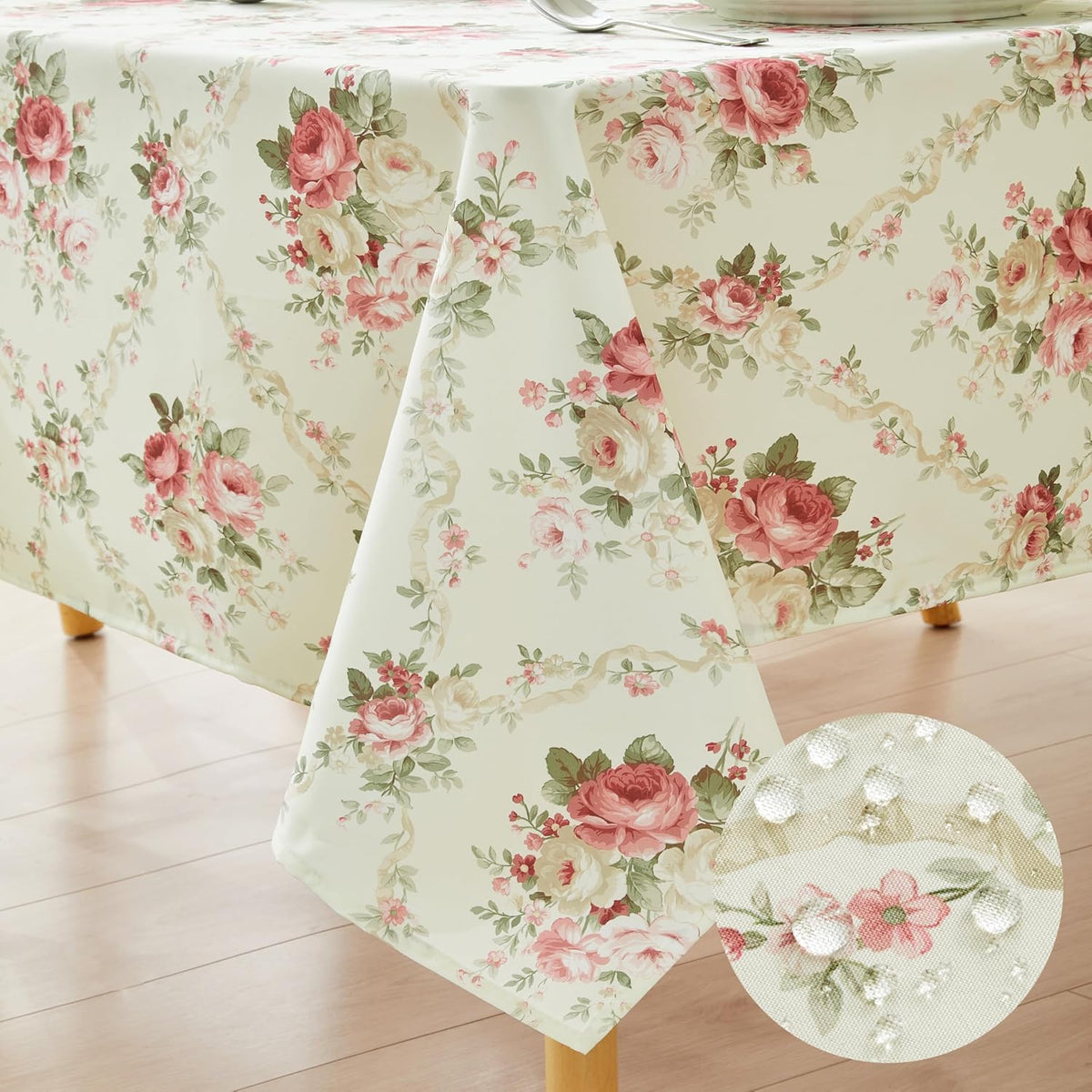 Vintage Floral Rectangle Tablecloth Shabby Chic Flower Table Cloth Spring Table Cover Waterproof for Dinner Kitchen Picnic, Pink, 60x84 Inches