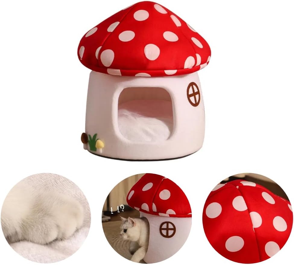 Mushroom Shape Cat House Cow Shape Cats Cave Bed Semi-Enclosed Cave-Style Warm Cat House Pet Nest for Cats Small Dogs