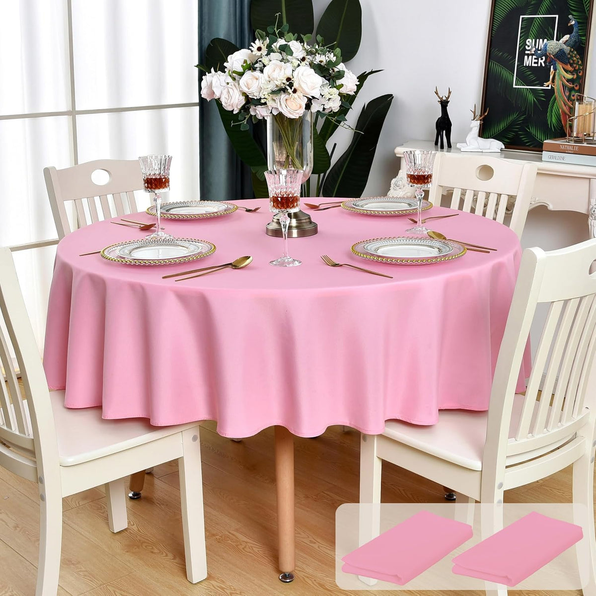 2 Pack Pink Round Tablecloth Waterproof Table Cloth, 60 inch