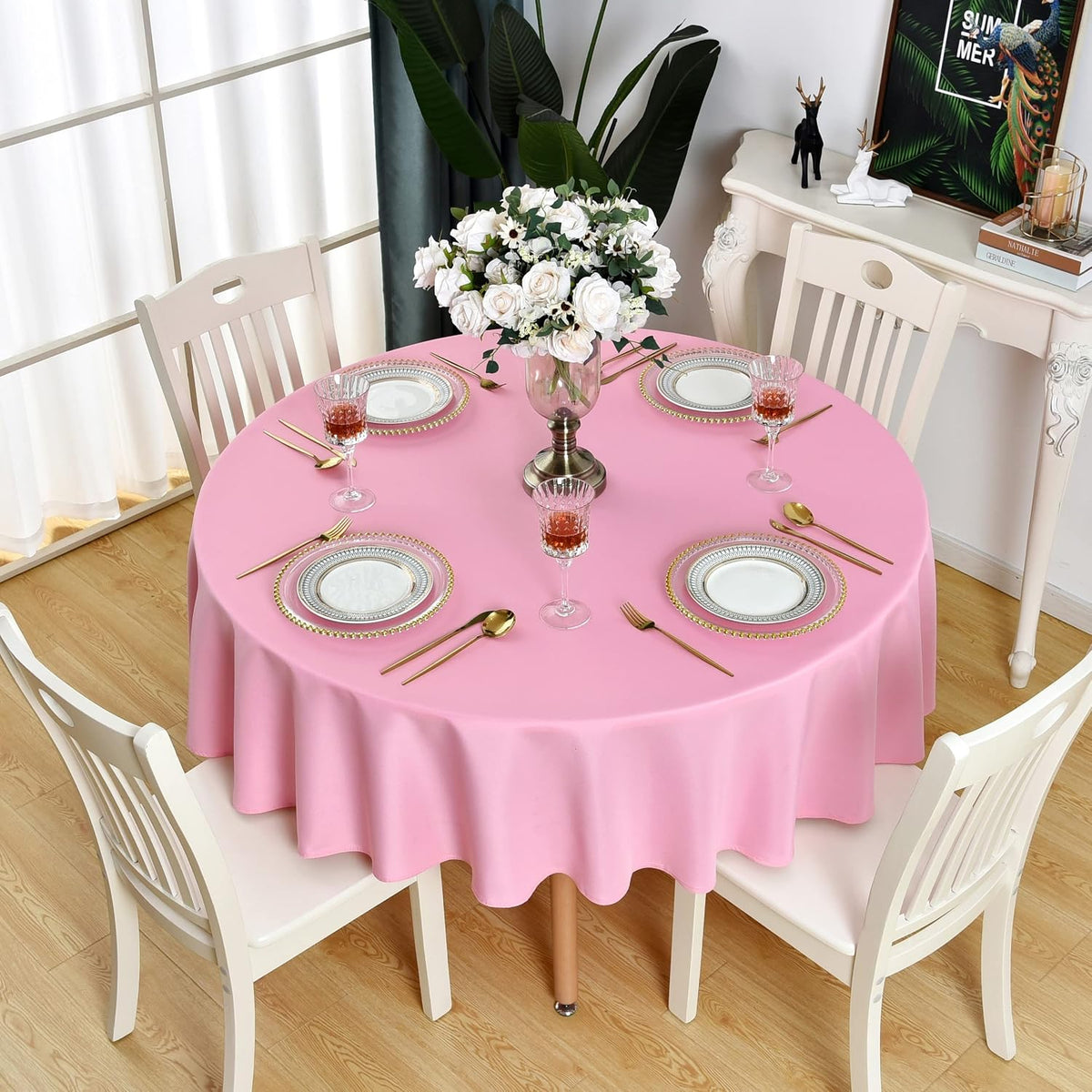 2 Pack Pink Round Tablecloth Waterproof Table Cloth, 60 inch