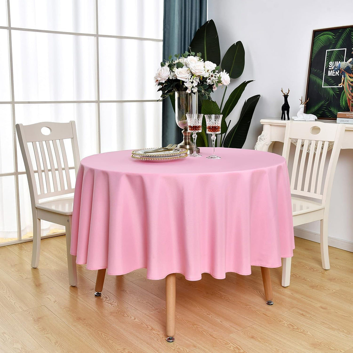 2 Pack Pink Round Tablecloth Waterproof Table Cloth, 60 inch