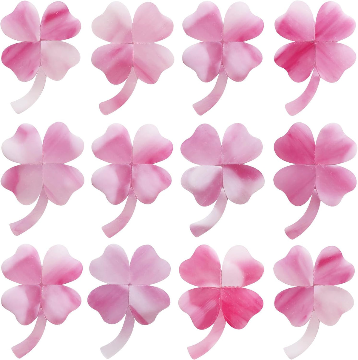 12 Four-Leaf Clover Sets – Transparent Pink Hand-Cut Stained Glass Mosaic Tiles – Heart-Shaped Pieces for Petals & Leaves in DIY Crafts & Art Projects