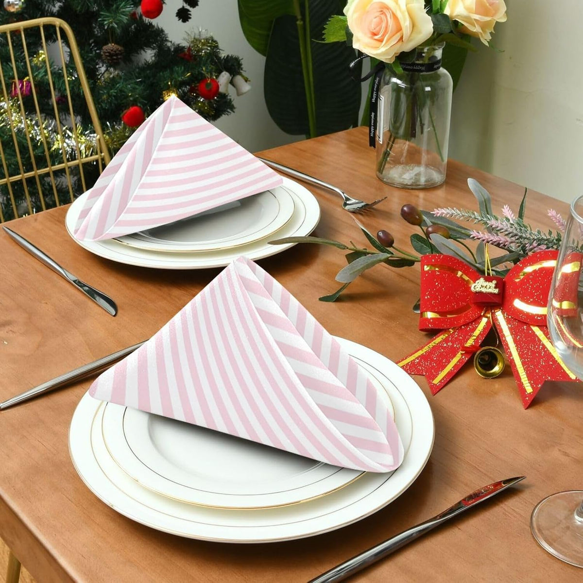 Qilmy Cloth Napkins Set of 6, Pink Stripes Reusable Washable Polyester Dinner Table Napkins for Family, Weddings, Parties, Home Decor, 20 x 20 Inch