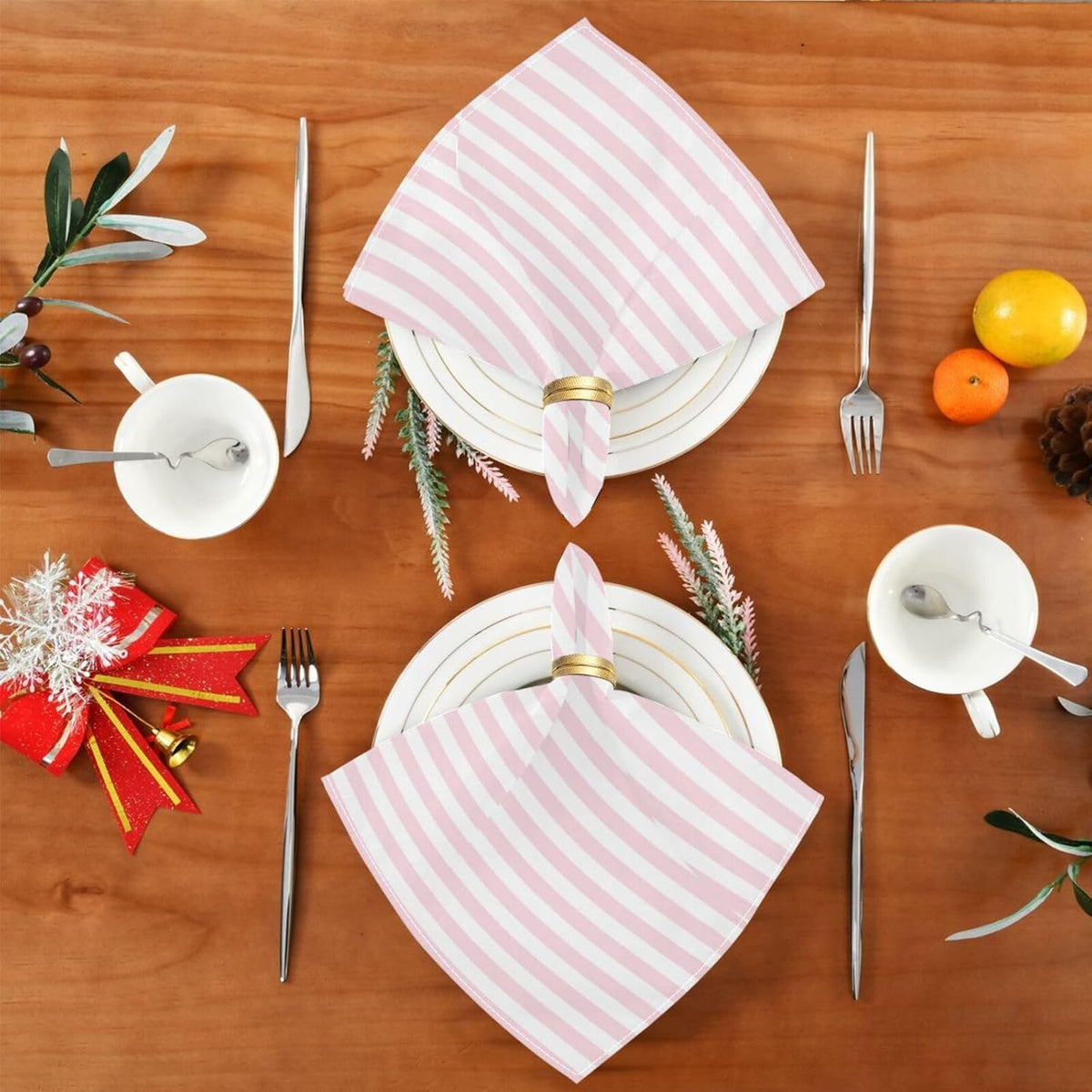 Qilmy Cloth Napkins Set of 6, Pink Stripes Reusable Washable Polyester Dinner Table Napkins for Family, Weddings, Parties, Home Decor, 20 x 20 Inch