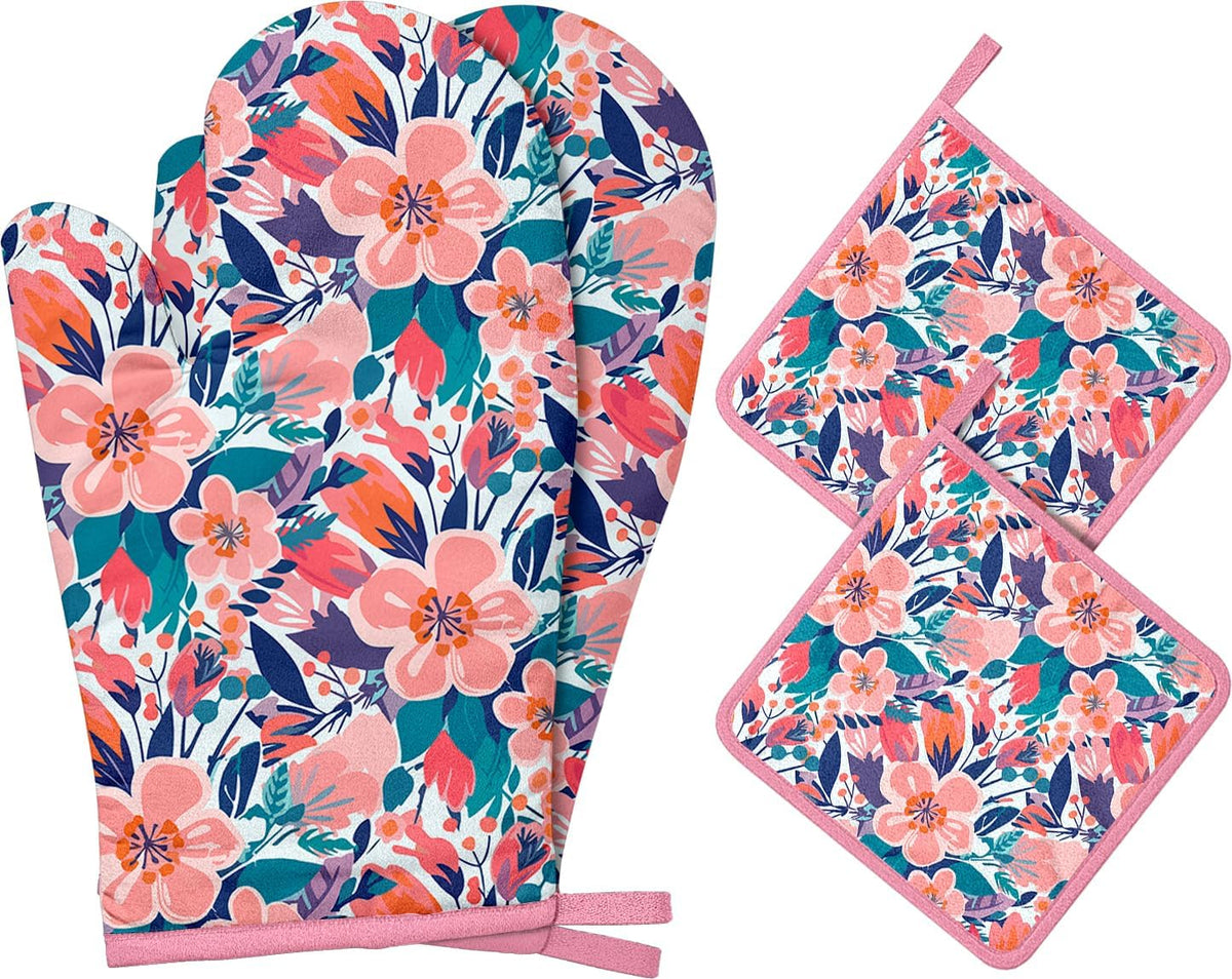 Pink Flowers Oven Mitts and Pot Holders Sets, Heat Resistant Kitchen Gloves Hot Pads