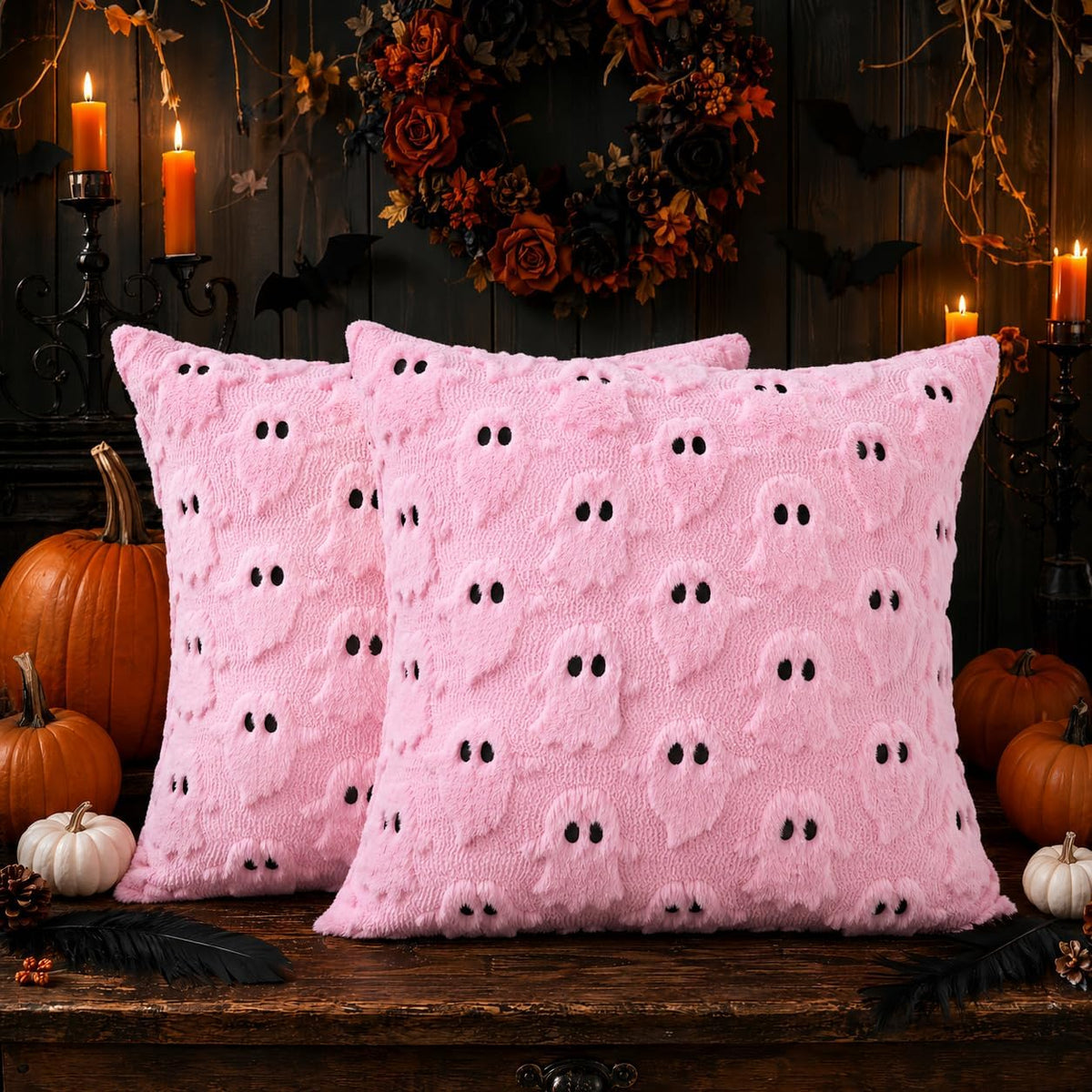 Halloween Pillow Covers 18x18 In Set of 2 Pink 3D Ghost Throw Pillow Covers