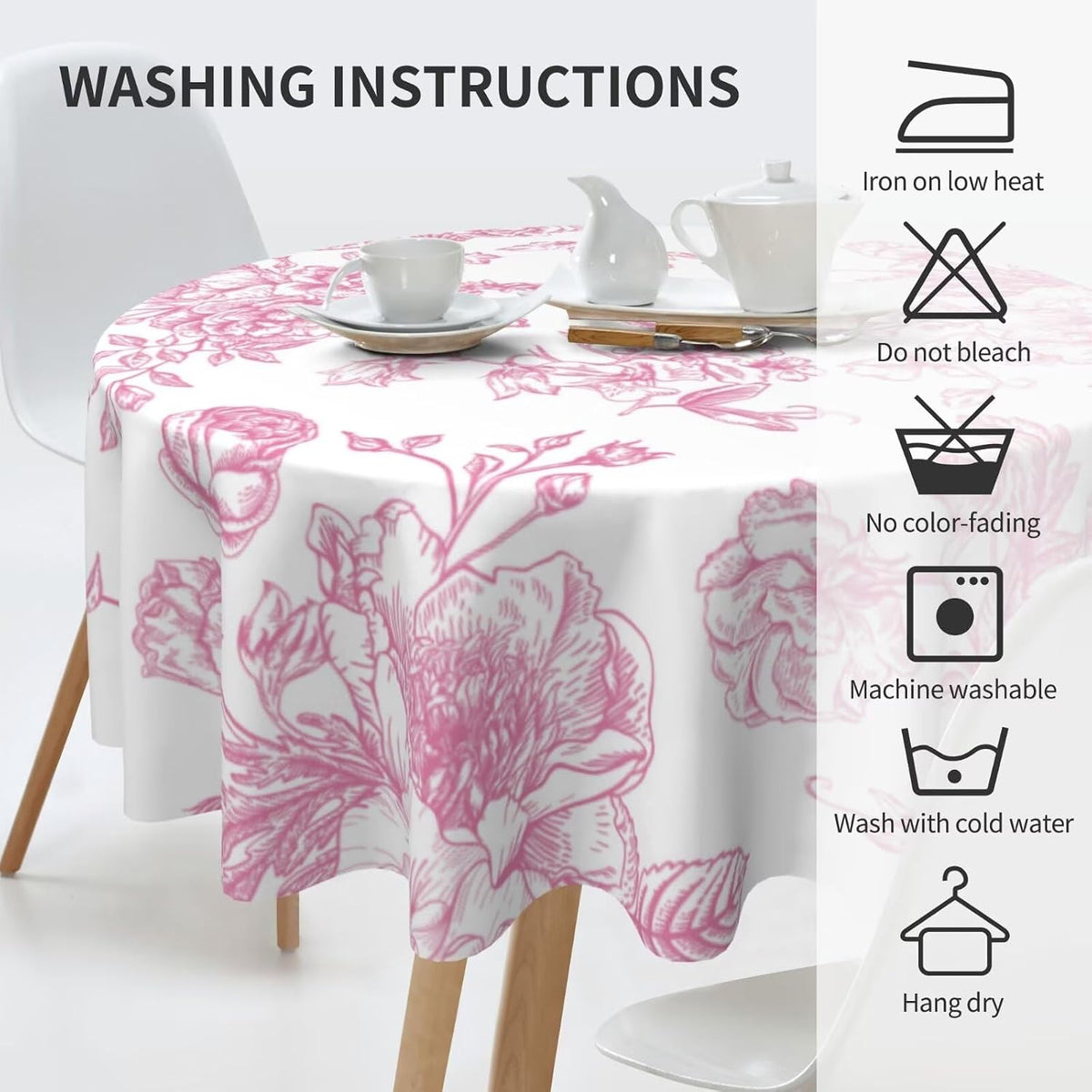 Pink Floral Tablecloth 60 Inch Round Chinoiserie Flowers Decorative Table Cloth Rustic Fabric Farmhouse Washable Table Cover for Picnic Party Holiday Home Indoor Outdoor