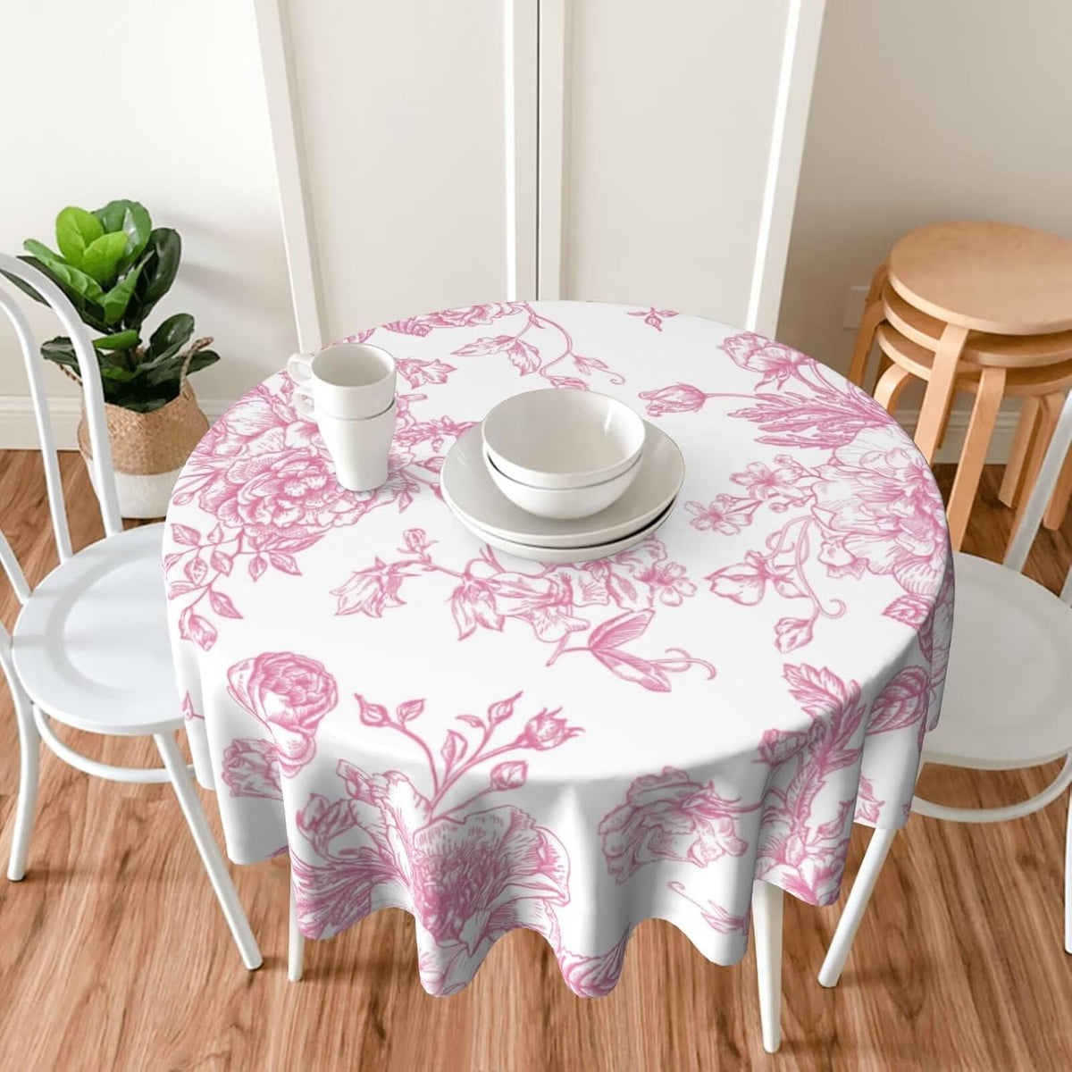 Pink Floral Tablecloth 60 Inch Round Chinoiserie Flowers Decorative Table Cloth Rustic Fabric Farmhouse Washable Table Cover for Picnic Party Holiday Home Indoor Outdoor