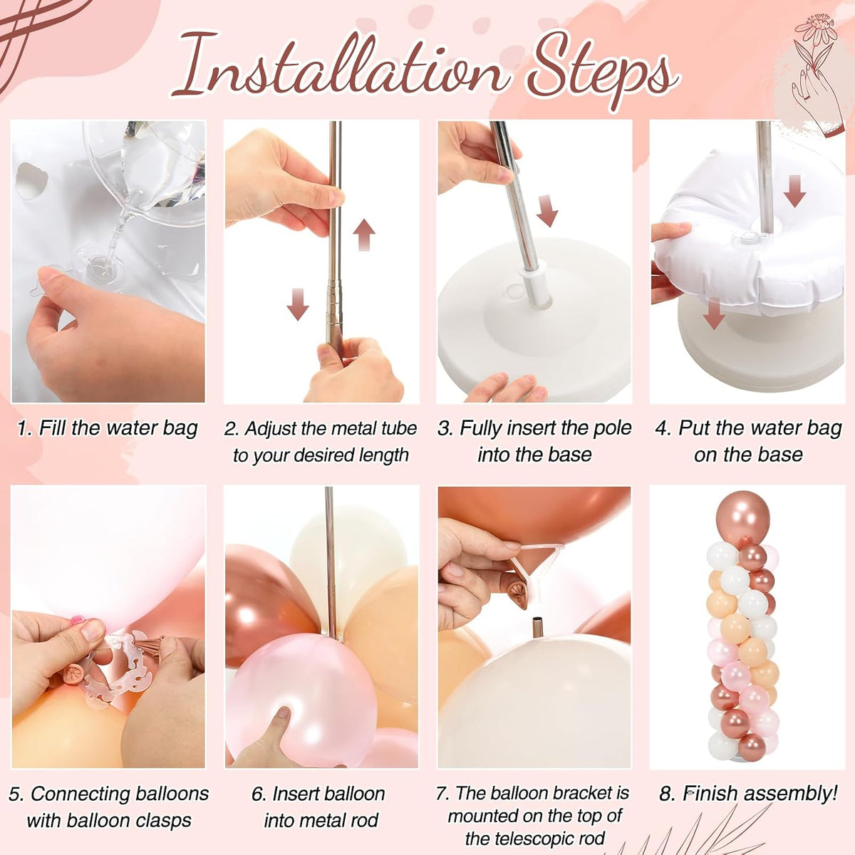 2 Sets 163 Pcs Pink Metallic Rose Gold Balloons Column Stand Kit