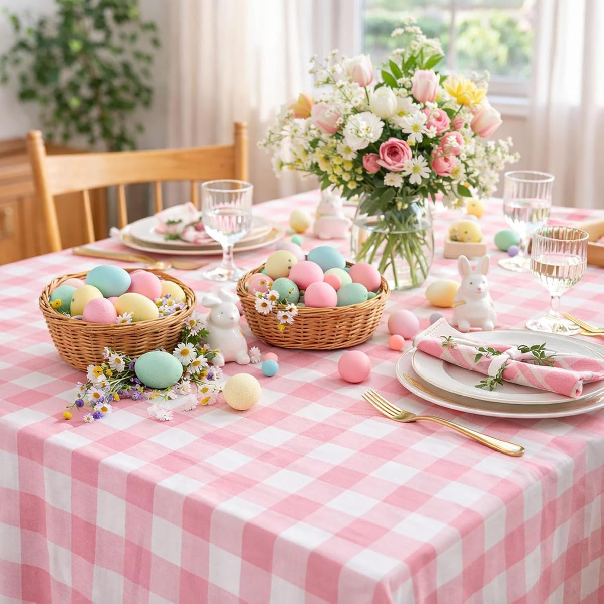 Pink Plaid Tablecloth Checkered Fabric Cover 56x120 Inch Table Cloths Decor