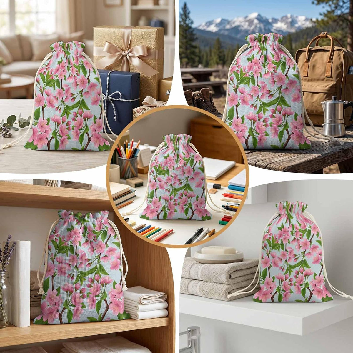 Victoroes Spring Peaches Drawstring Gift Bags 2 Pcs 11.8" x 15.7" Medium Peaches Flowers Blue Gift Bag Reusable Fabric Wrap Bags for Wedding Party Birthday Holiday