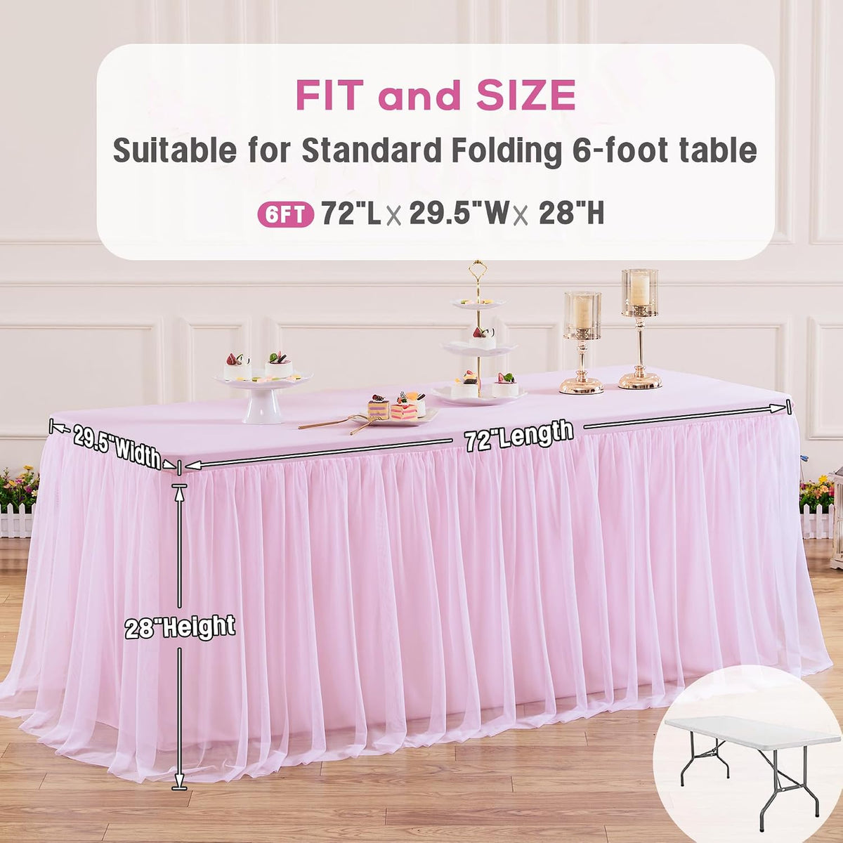 6ft Pink Tulle Tablecloth for Rectangle Tables 6 Foot Pink Table Cloth Rectangle Wrinkle Free Stretch Table Cover with Tutu Skirt for Baby Shower Girls Birthday Party Banquet Buffet Desk Skirt