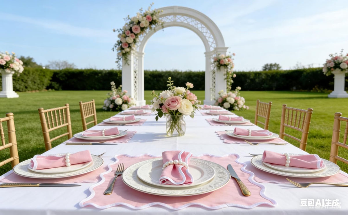 Scallop Linen Napkins Set of 8-Linen Blended Napkins,Pink and White Dinner Napkins Cloth 17 Inch - Giselle Scallop Edge, Handcrafted and Machine Washable - Easter, Spring