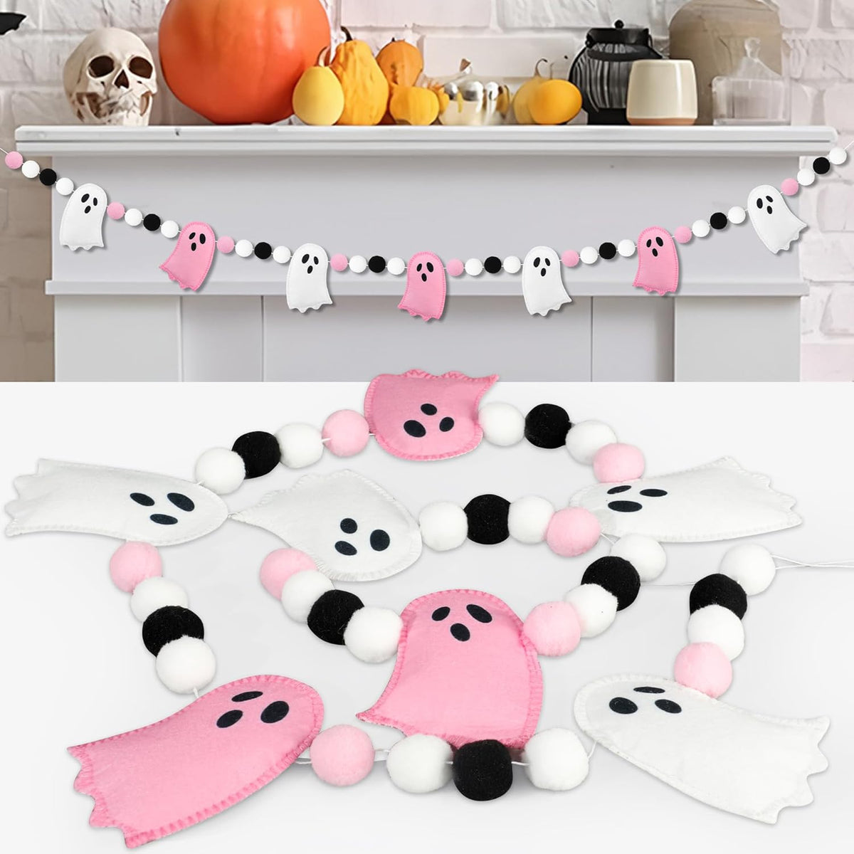 8.2 Ft Halloween Ghost Felt Banner Cute 3D Ghost Ball Garland Pre-Strung Pink White Felt Ghosts Balls Hanging Banner Halloween Decoration for Home Farmhouse Fireplace Mantle Wall Decor