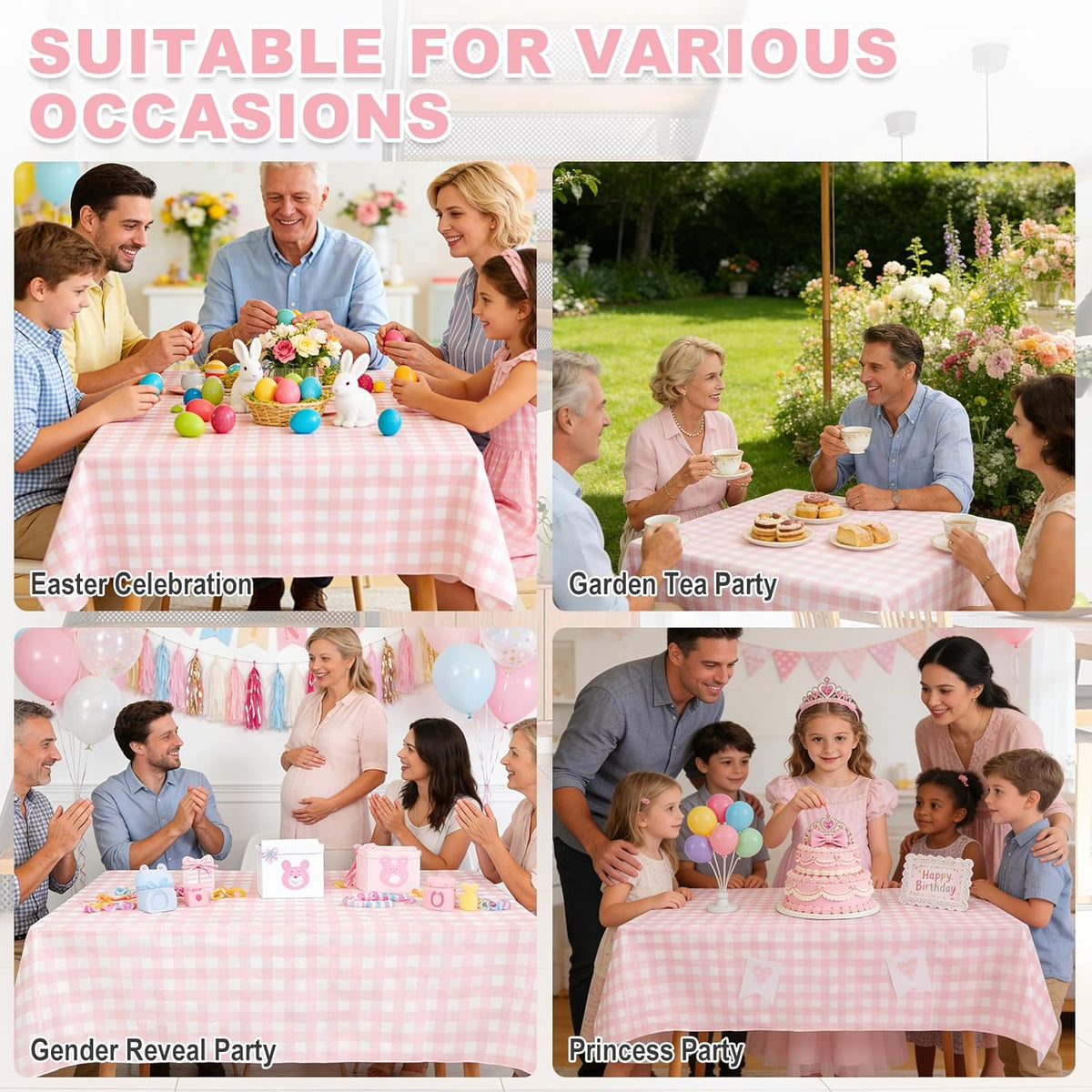 Gingham Vinyl Tablecloth with Flannel Backing,Waterproof Rectangle Table Cloth,Wipeable Plastic Buffalo Plaid Table Cover for Kitchen Dining,Camping,Indoor&Outdoor(52"x70", Pink and White)