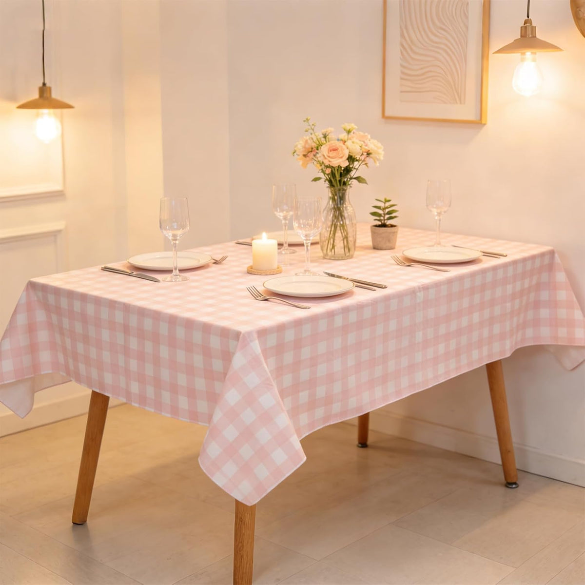 Gingham Vinyl Tablecloth with Flannel Backing,Waterproof Rectangle Table Cloth,Wipeable Plastic Buffalo Plaid Table Cover for Kitchen Dining,Camping,Indoor&Outdoor(52"x70", Pink and White)