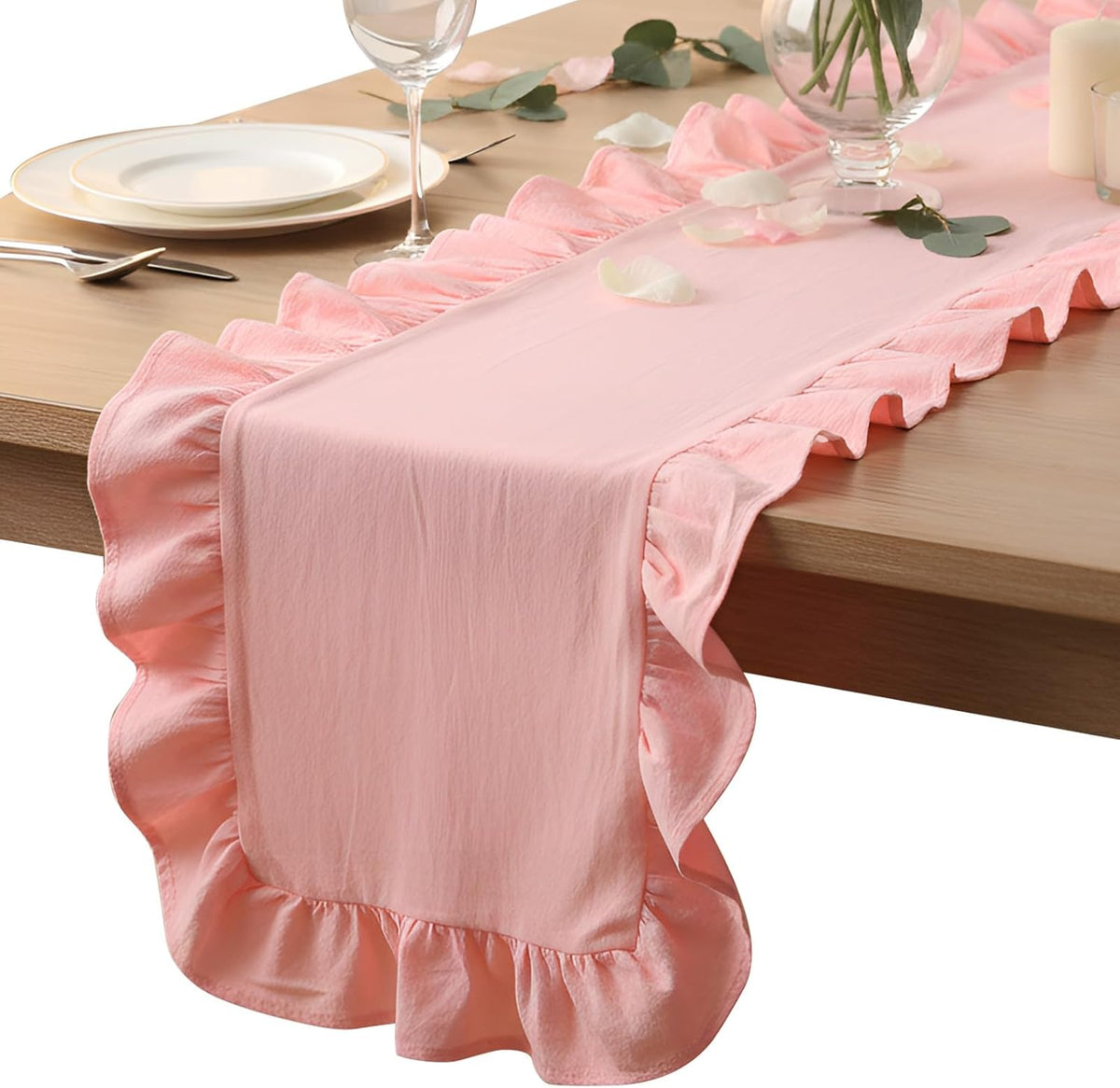 Pink Ruffled Table Runner 118 Inches Long, Scalloped Edge