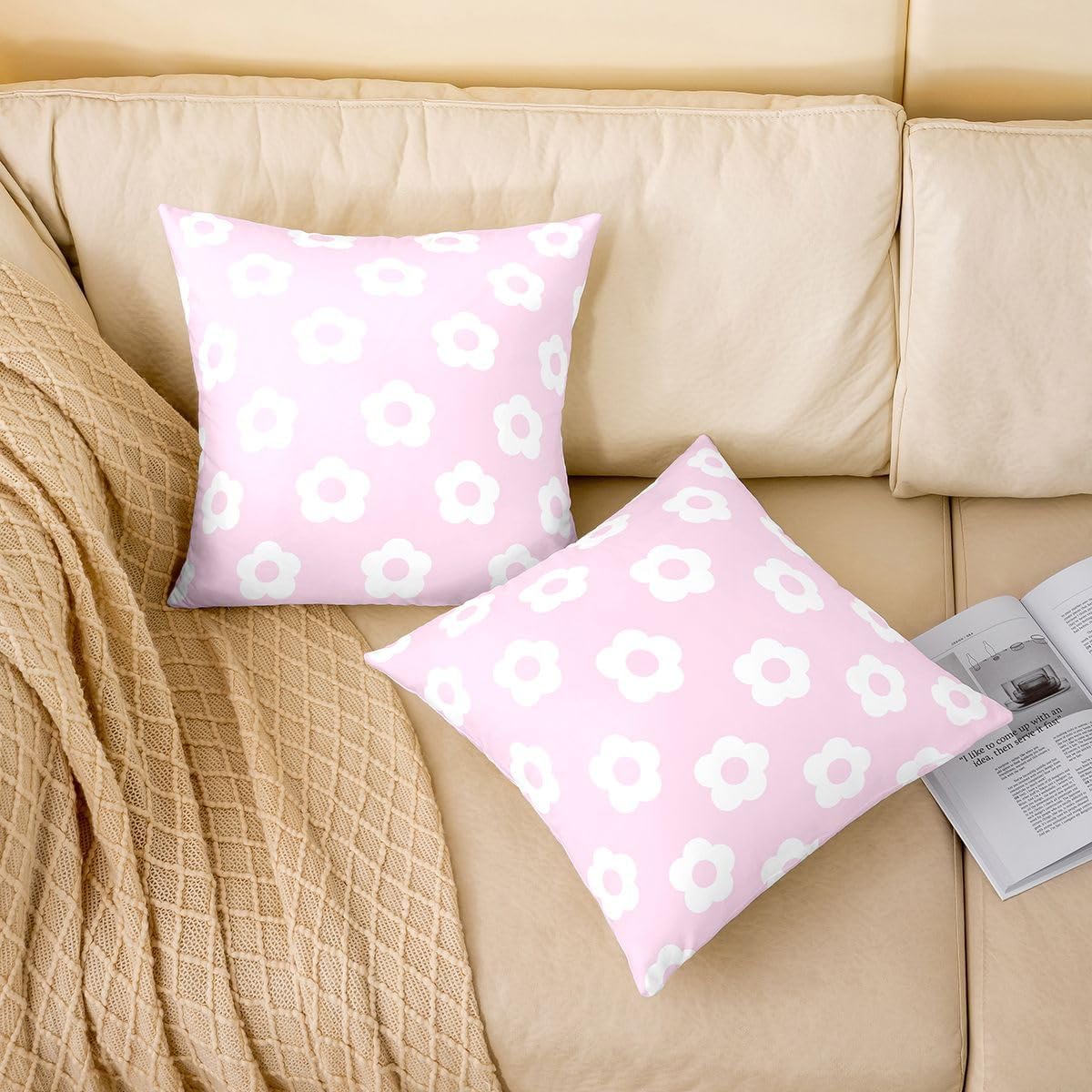 Light Pink Floral Throw Pillow Covers 1 Pcs Princess Flower Cushion Case Romantic Plants Pattern Decor Pillowcase Indoor Outdoor Super Soft 22 x 22-Inch