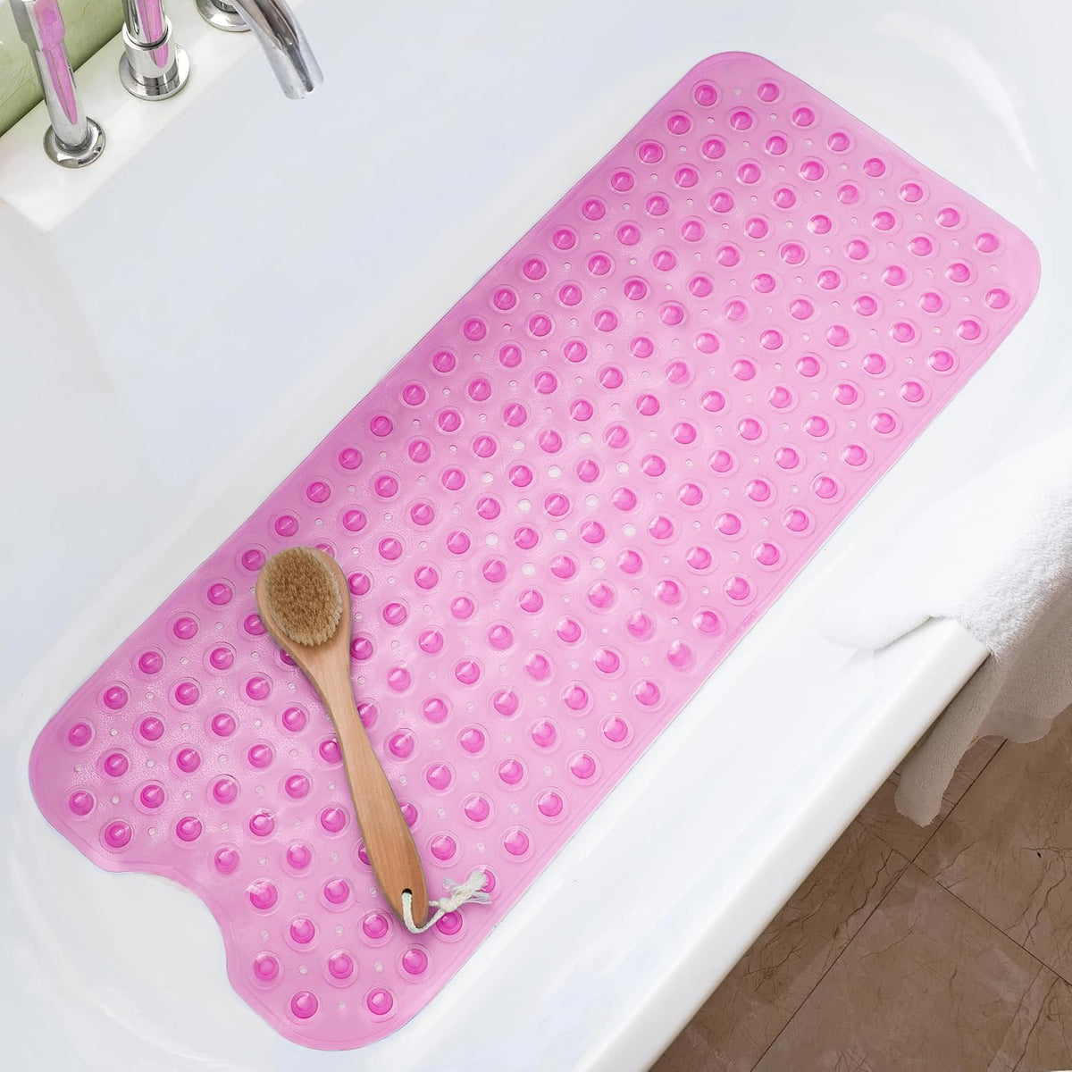 Bathtub Mats for Shower Tub Non-Slip Bath Mat 39 x 16 Inch Extra Long Shower Mat, Bath Tub Mat for Bathroom with Machine Washable, BPA Free for Kids (Clear Hot Pink)