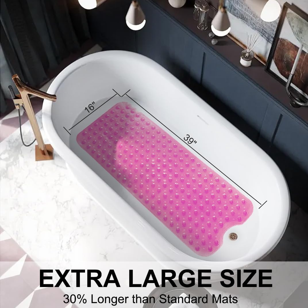 Bathtub Mats for Shower Tub Non-Slip Bath Mat 39 x 16 Inch Extra Long Shower Mat, Bath Tub Mat for Bathroom with Machine Washable, BPA Free for Kids (Clear Hot Pink)