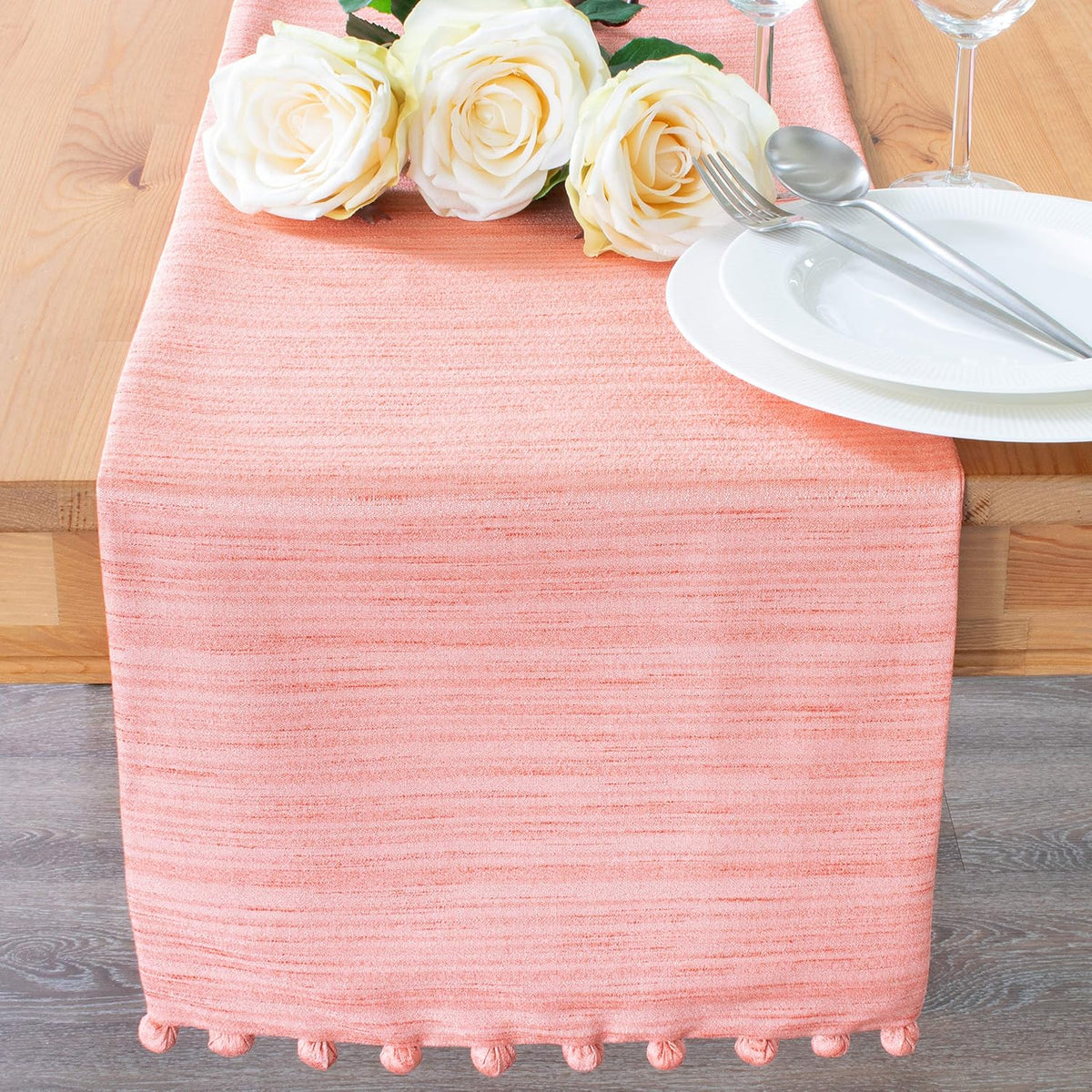 Peach Dining Table Runners (13x72 inch, Pack of 1, Pom Pom Trim) Fabric Lined | Properly Finished, No Fray Edges | for Home, Kitchen, Dining Room, Holiday, Wedding Party Décor