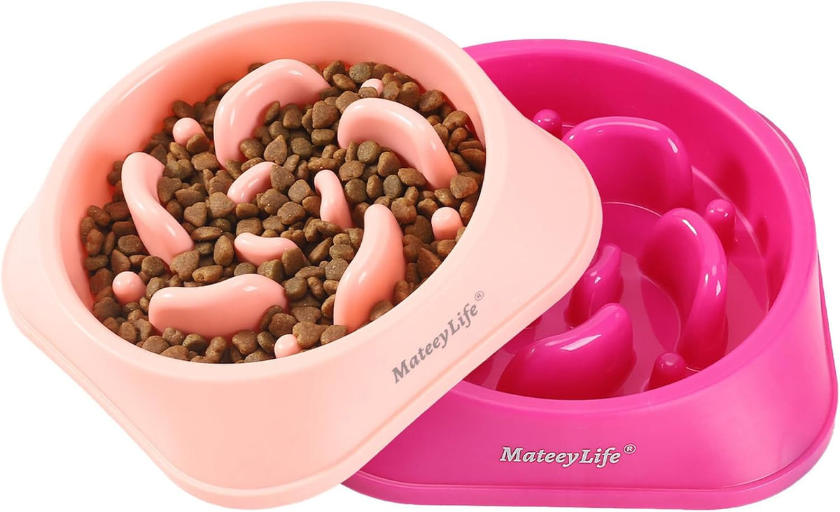 MateeyLife Slow Feeder Dog Bowls 2PCS, Anti-Choking Puzzle Dog Food Bowls, Anti-Slip Interactive Feeding Slow Down Eating, Bloat Stop Maze Dishes for Medium Breeds Pink&Purple