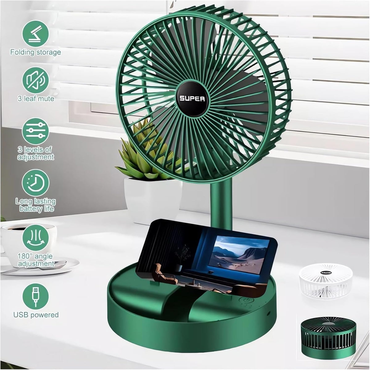 Telescopic Folding Fan - 2024 New Portable USB Rechargeable Collapsible Desk Fan for Travel, Silent Stand up Fan Wireless Folding Oscillating Compact Floor Standing Fans for Dorm ＆ Bedroom (PINK)