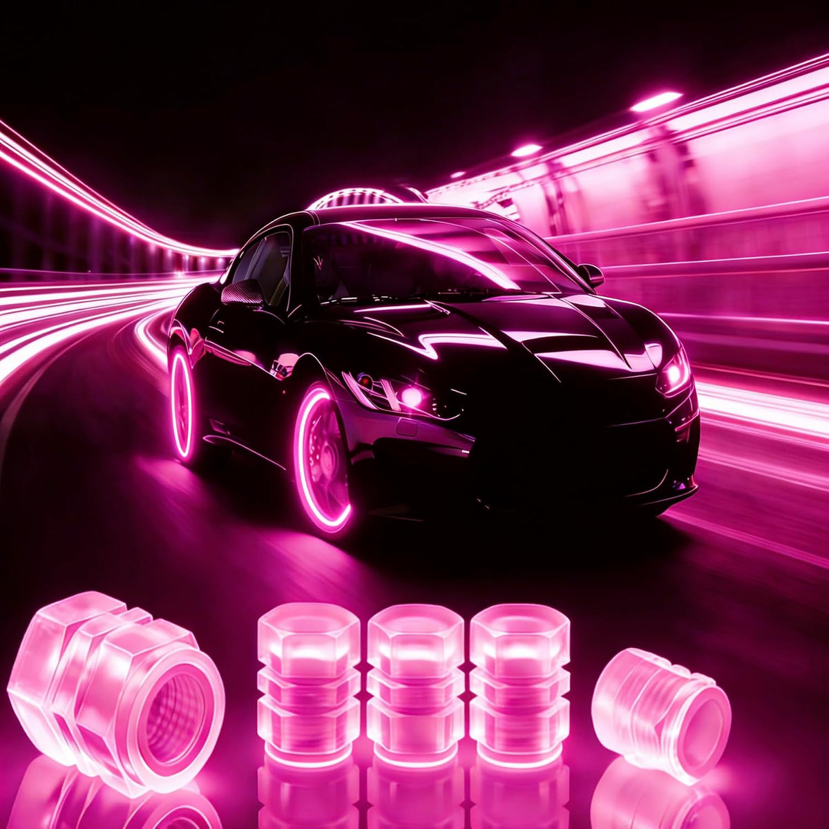 Luminous Tire Valve Stem Caps for Car, 8PCS Fluorescent Glow in The Dark Air Caps Cover，Universal Decoration Accessories for Car SUV Bicycle Motorcycles Trucks (Pink)