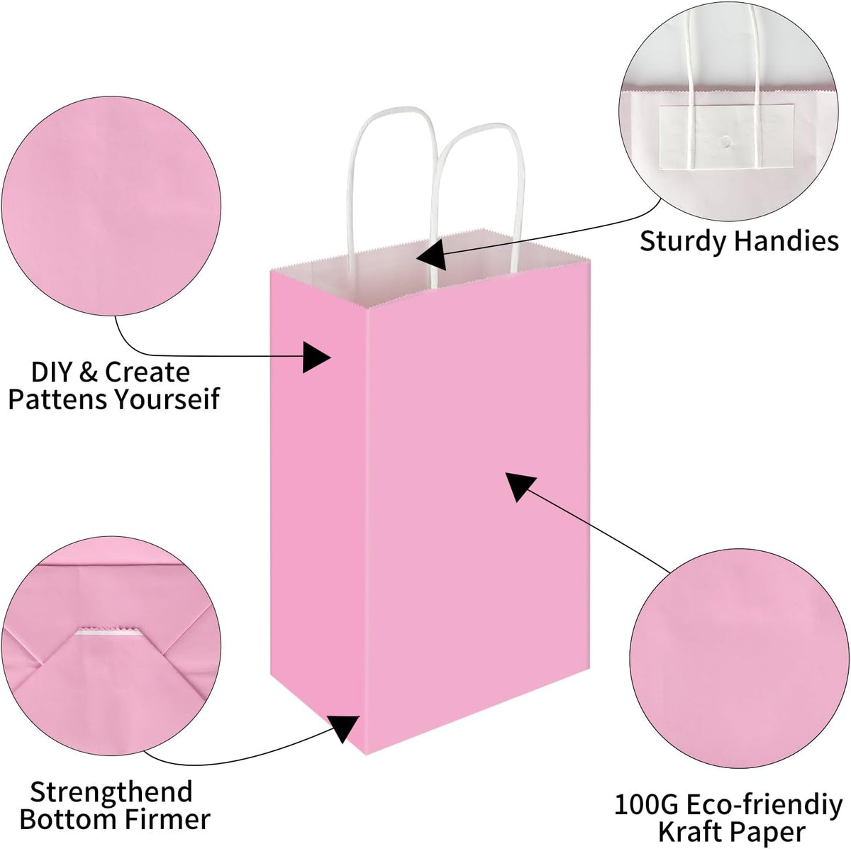 50 Pack 5.25x3.25x8.25 Inch Small Light Pink Kraft Paper Bags with Handles Bulk, Gift Wrap Bags for Favors Grocery Retail Party Birthday Shopping Business Goody Craft Merchandise Take Out Sacks