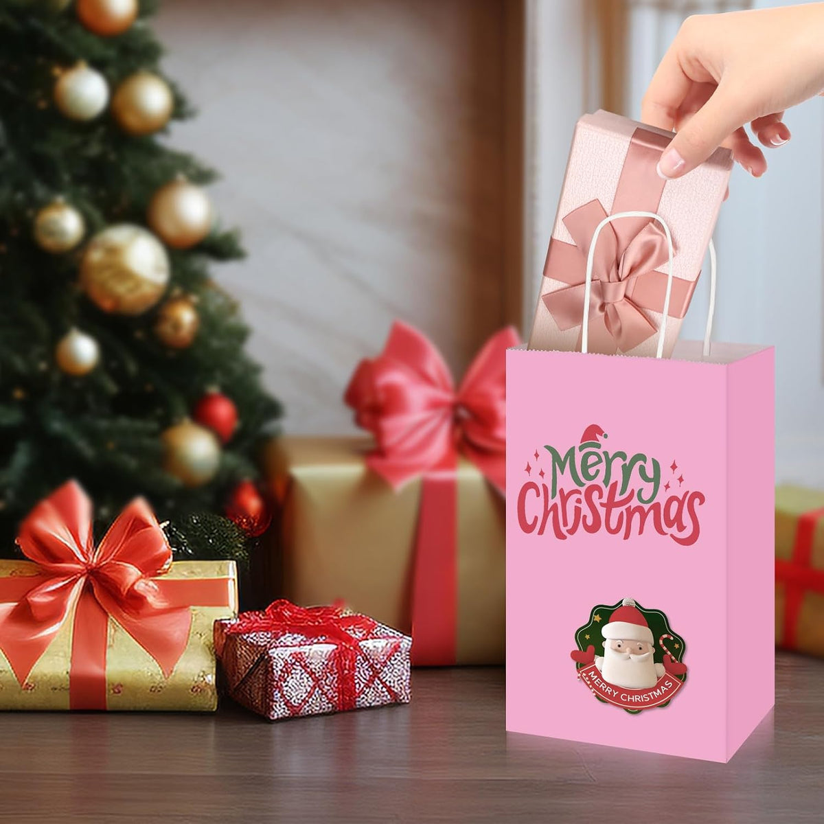 50 Pack 5.25x3.25x8.25 Inch Small Light Pink Kraft Paper Bags with Handles Bulk, Gift Wrap Bags for Favors Grocery Retail Party Birthday Shopping Business Goody Craft Merchandise Take Out Sacks