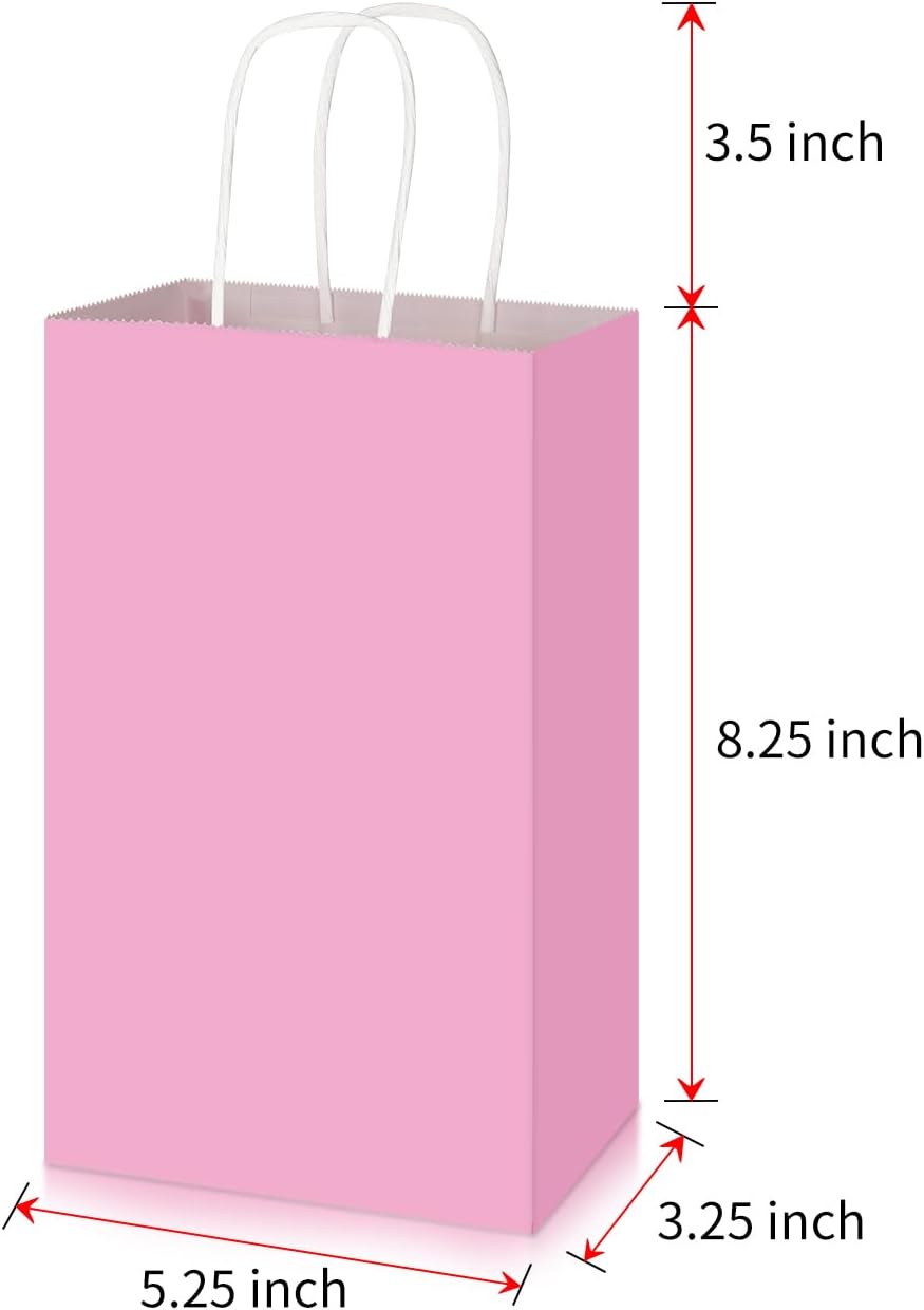 50 Pack 5.25x3.25x8.25 Inch Small Light Pink Kraft Paper Bags with Handles Bulk, Gift Wrap Bags for Favors Grocery Retail Party Birthday Shopping Business Goody Craft Merchandise Take Out Sacks